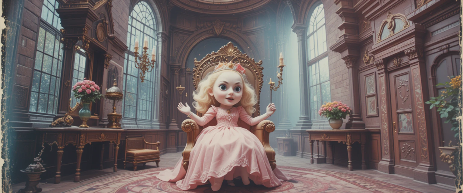 Princess mascot sitting in a grand fantasy apple castle