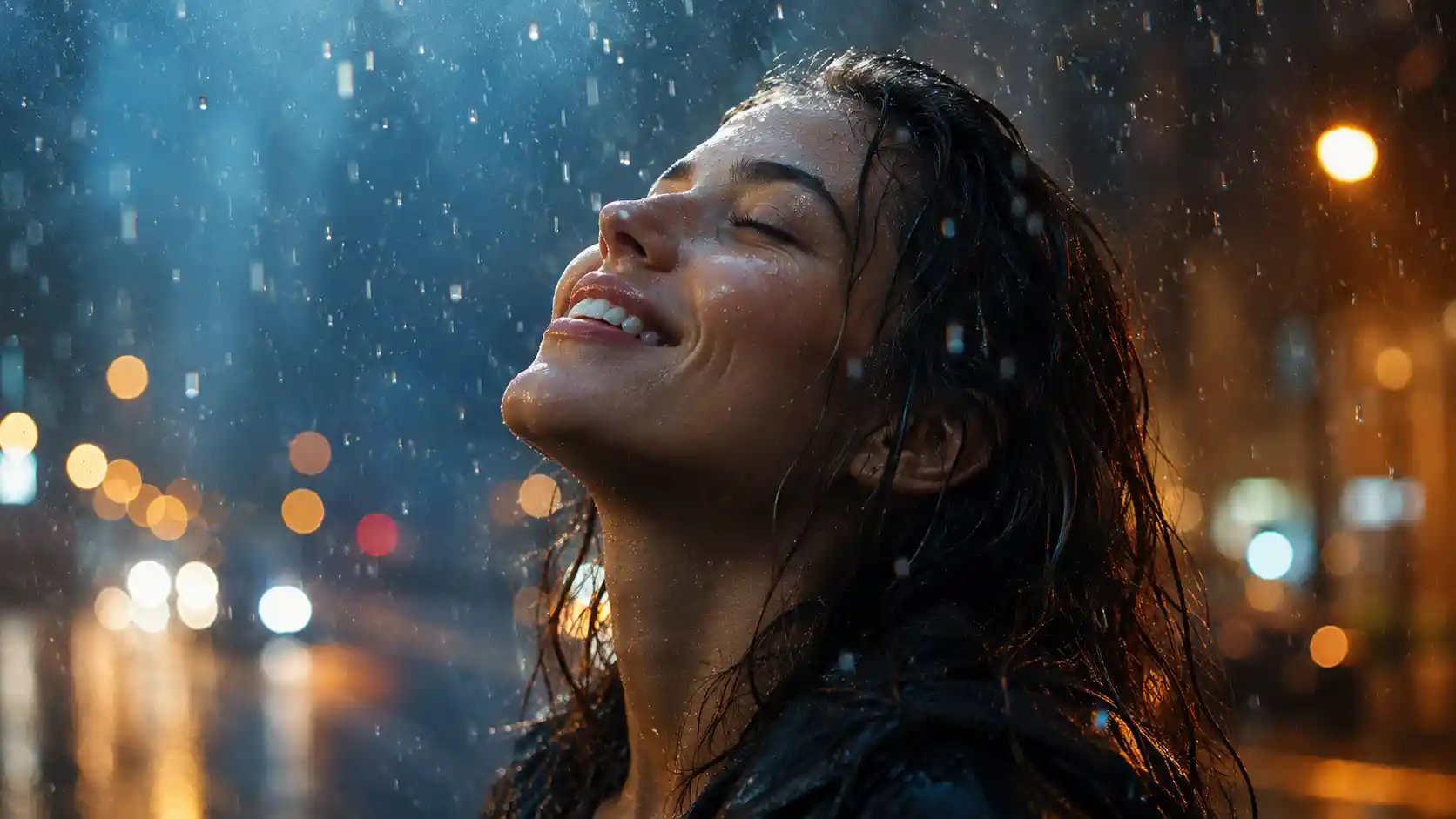 Young woman enjoying gentle rain in a glowing city night