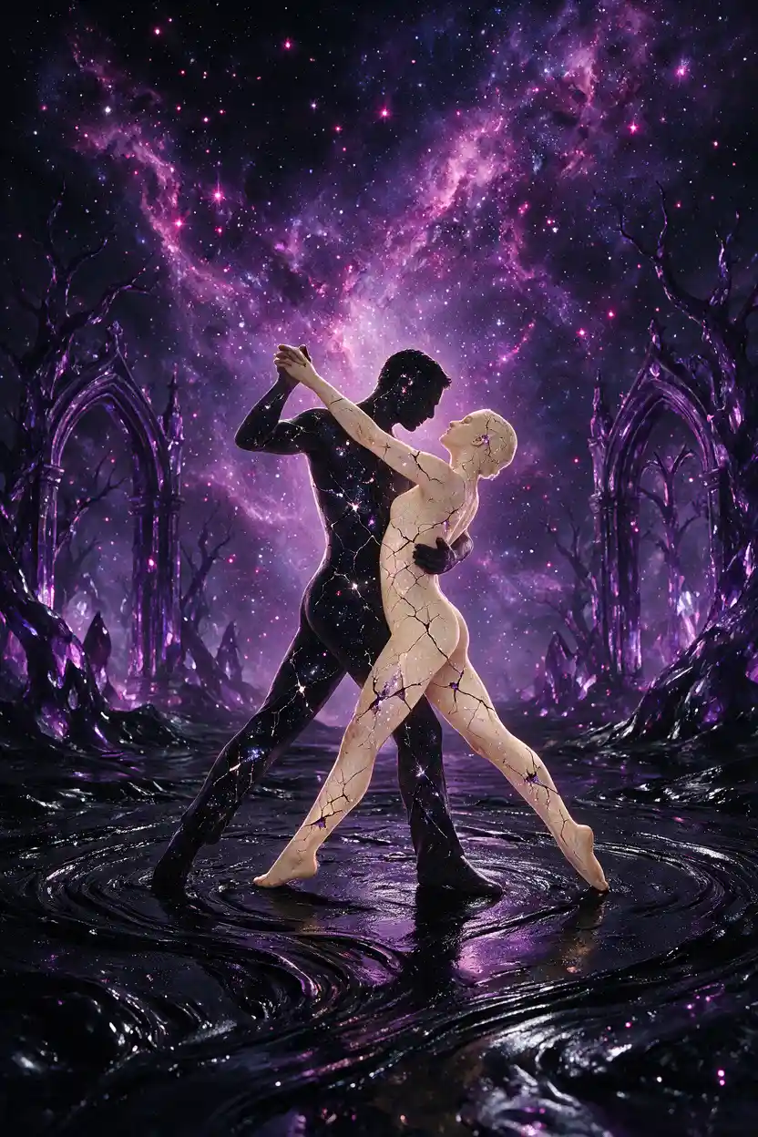 Intimate female silhouette in purple cosmic glow