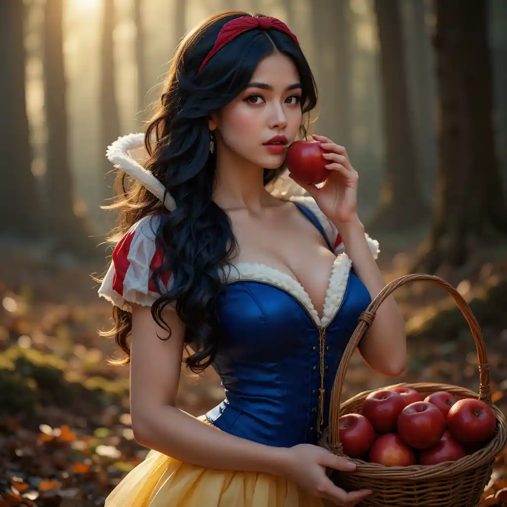 Seductive woman dressed as snow white in a sunlit forest