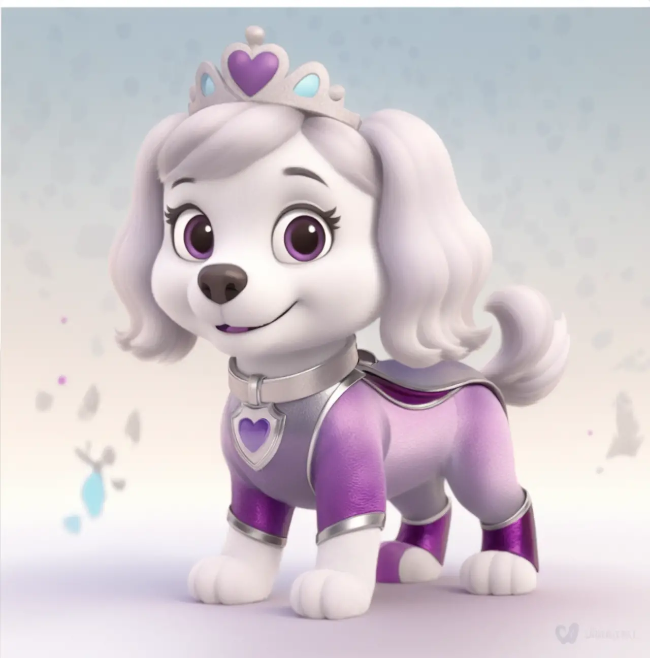 Dog mascot princess posing at a colorful fantasy castle
