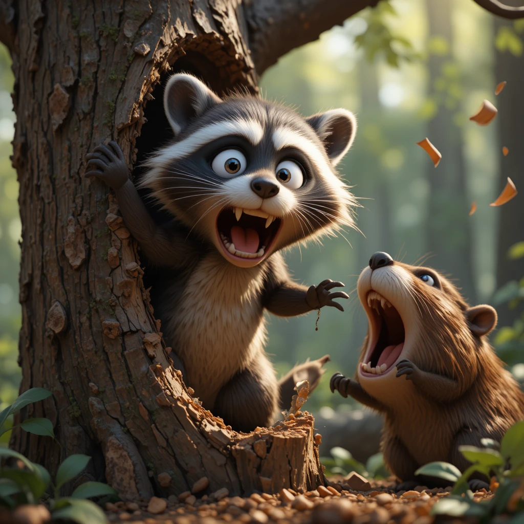 Terrified raccoon clings to a tree above a gnawing beaver