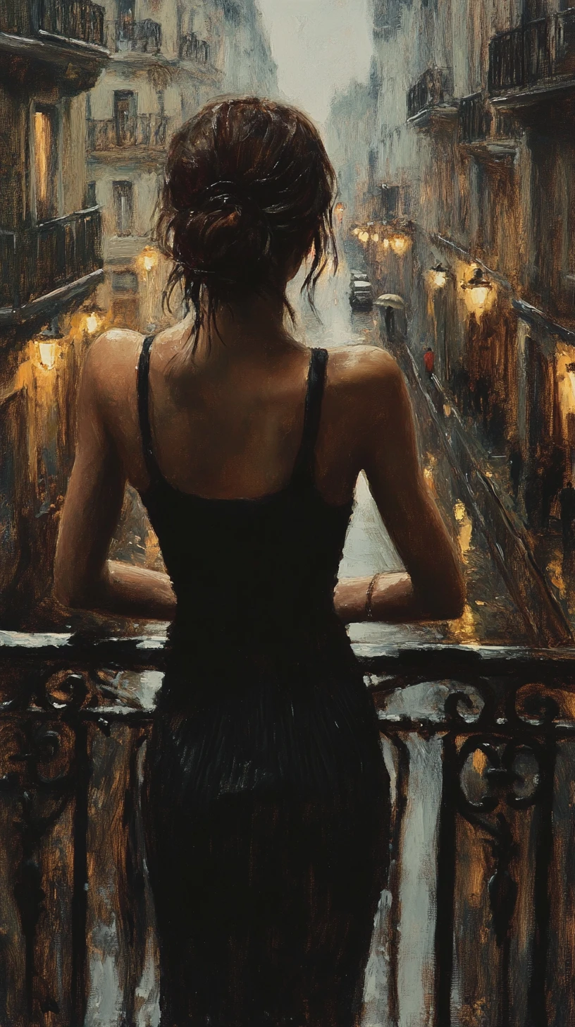 Woman on balcony overlooking rainy european city street