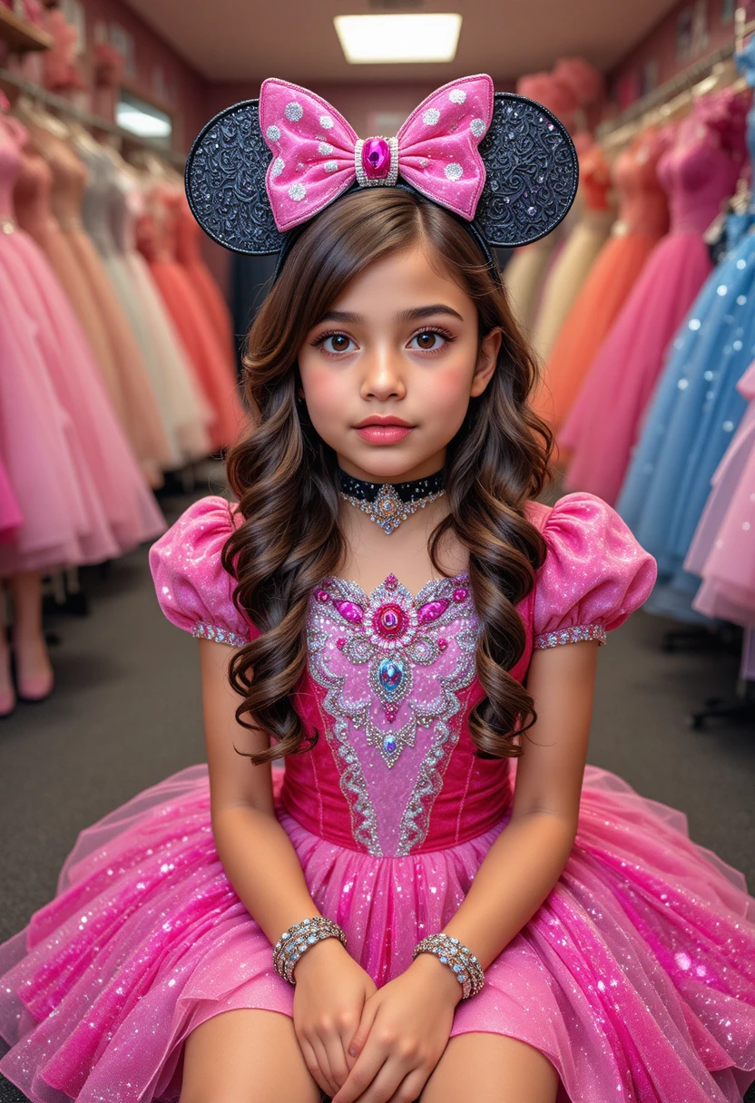 Embarrassed boy in pink princess outfit in shop backroom