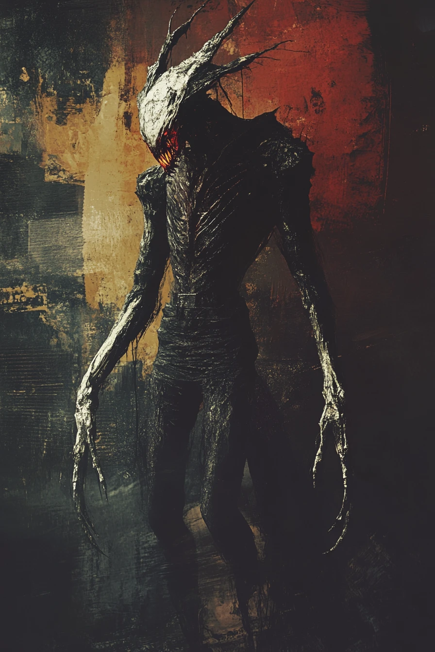 Surreal female demon with fangs in dark horror painting