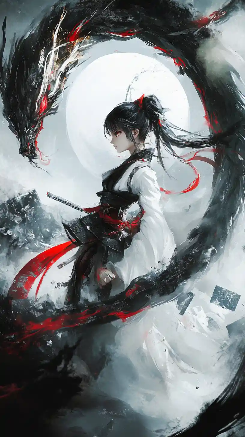 Asian dragon coiling through a moonlit black and red sky
