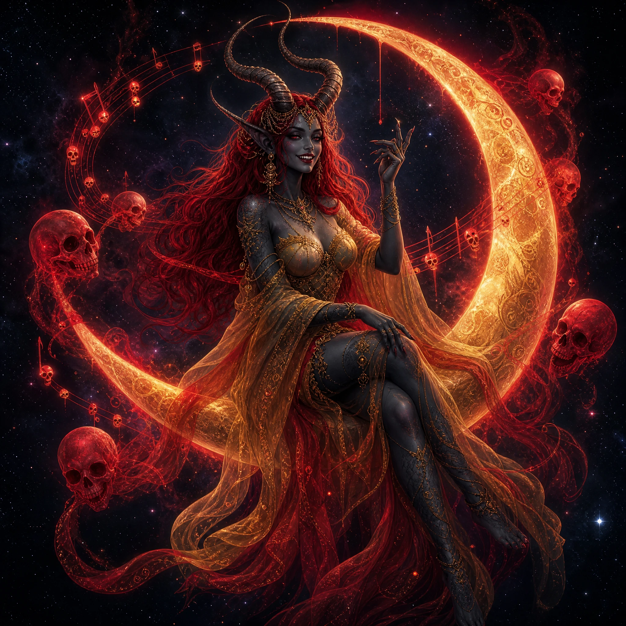 Demoness Conducting Skull Music On A Crescent Moon