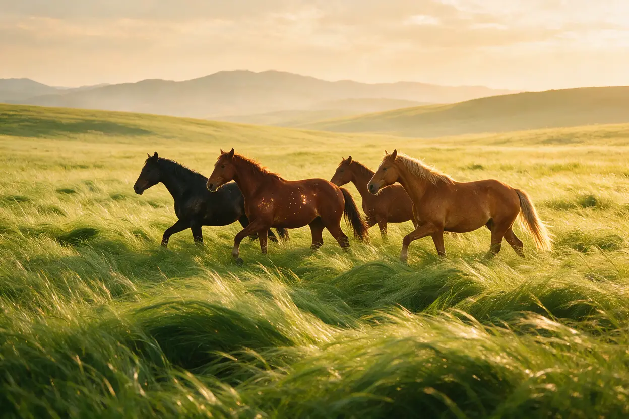 Horses Moving Quietly Through Sunlit Whispering Grass