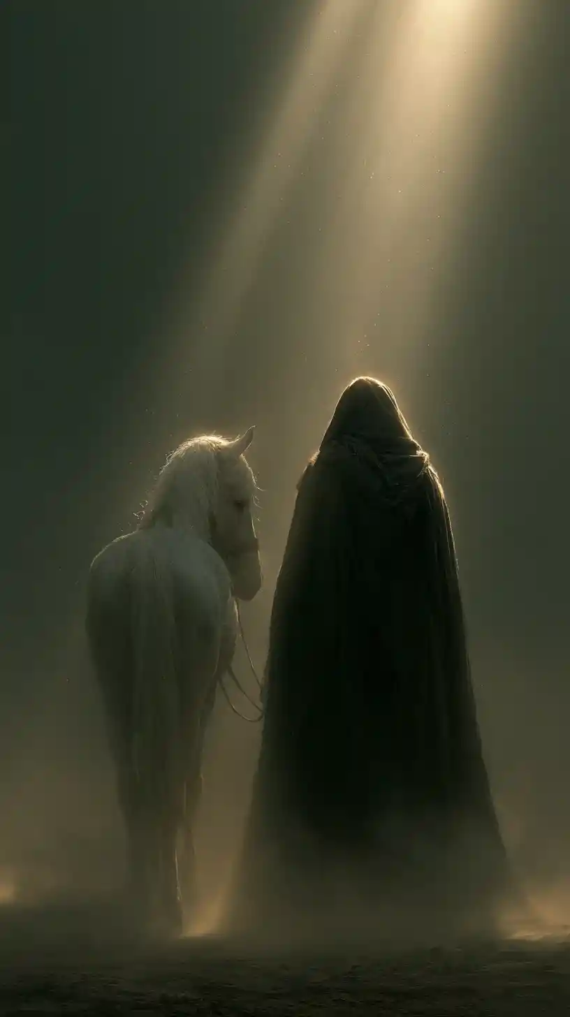 Muslim knight and white horse in foggy cinematic light
