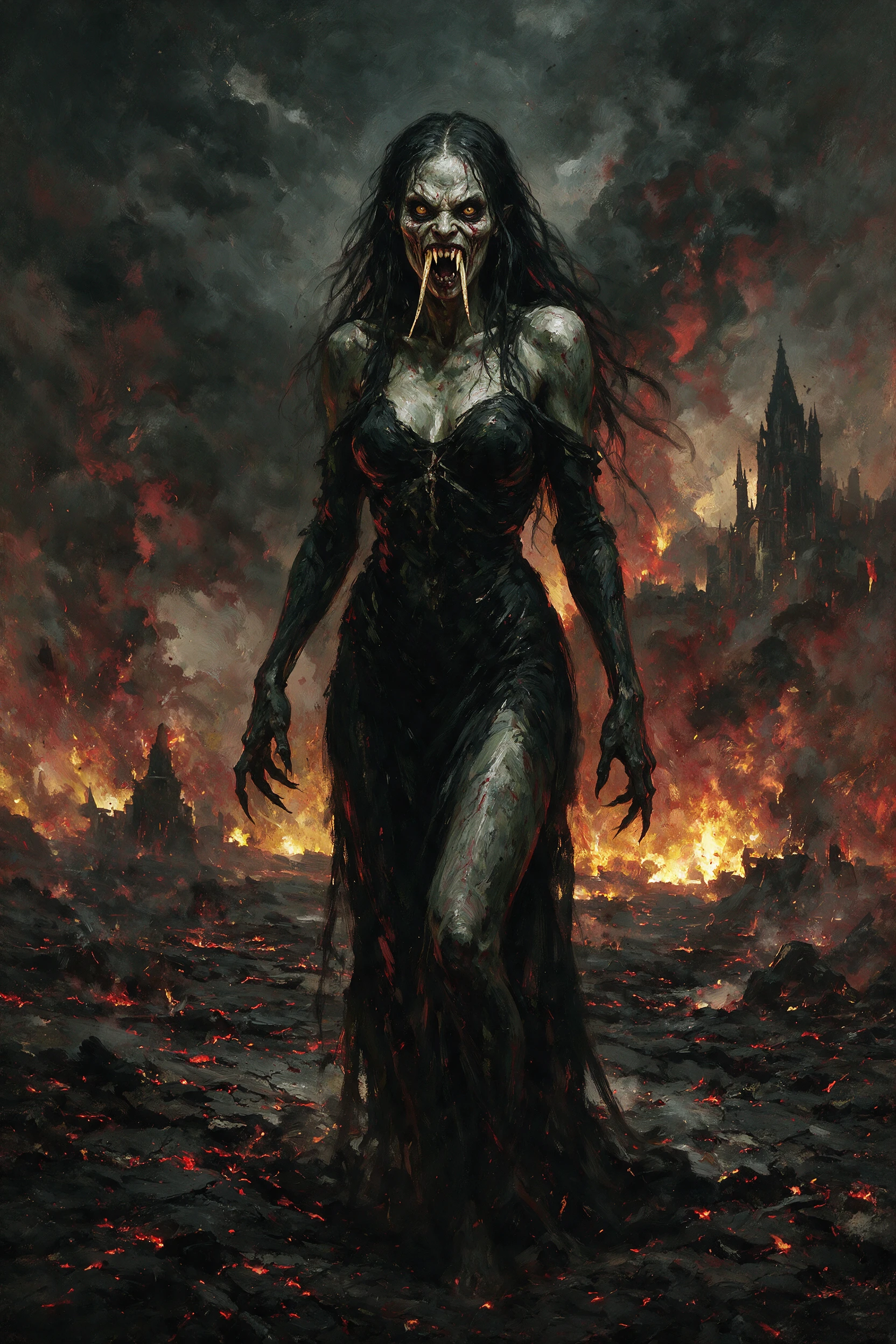 Surreal female demon with fangs in dark horror style