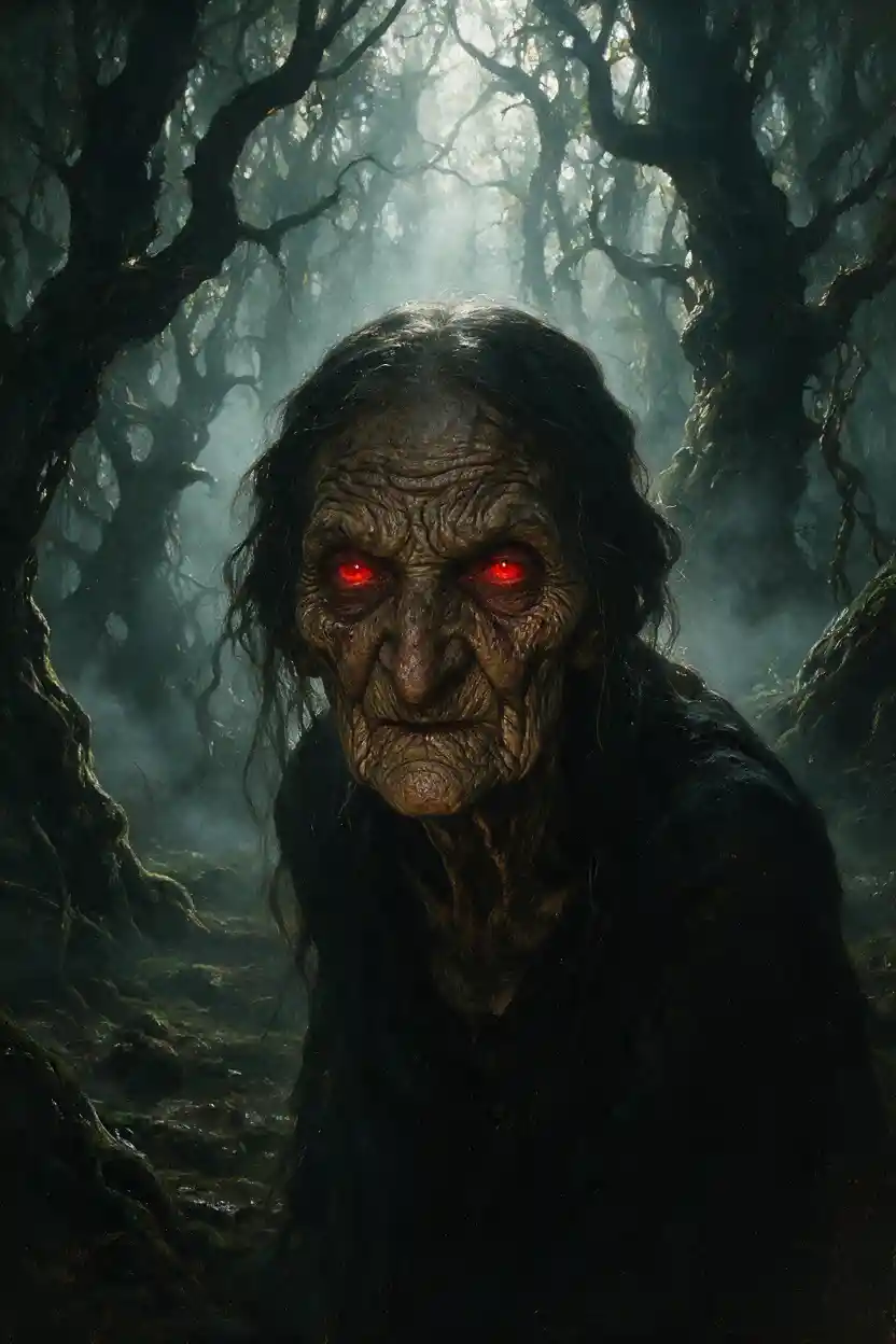 Sinister witch portrait in a dark swamp forest