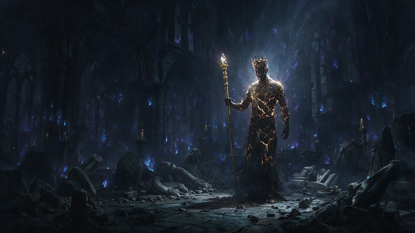 Figure lit by borrowed fire in a dark void