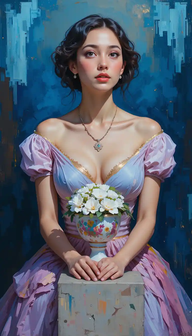 Young woman admiring a porcelain vase with white flowers