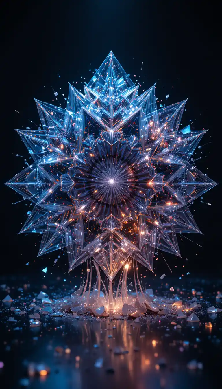 Rotating Glass Nebula Fractal Shattering In Dark Studio