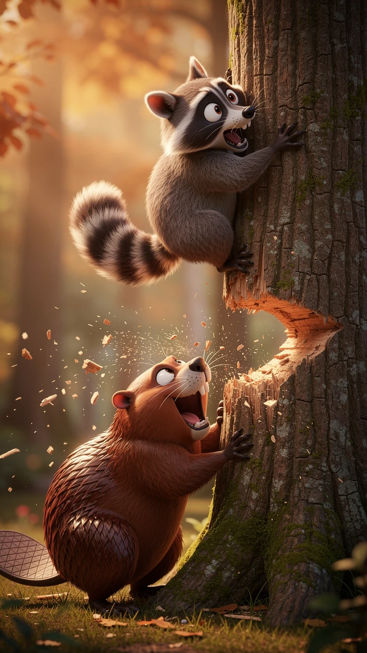 Frightened raccoon hugs a tree as beaver chews below