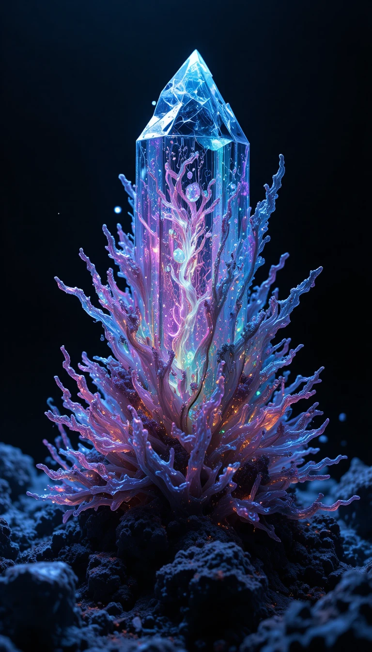 Macro crystal coral hybrid breaching into a dark void