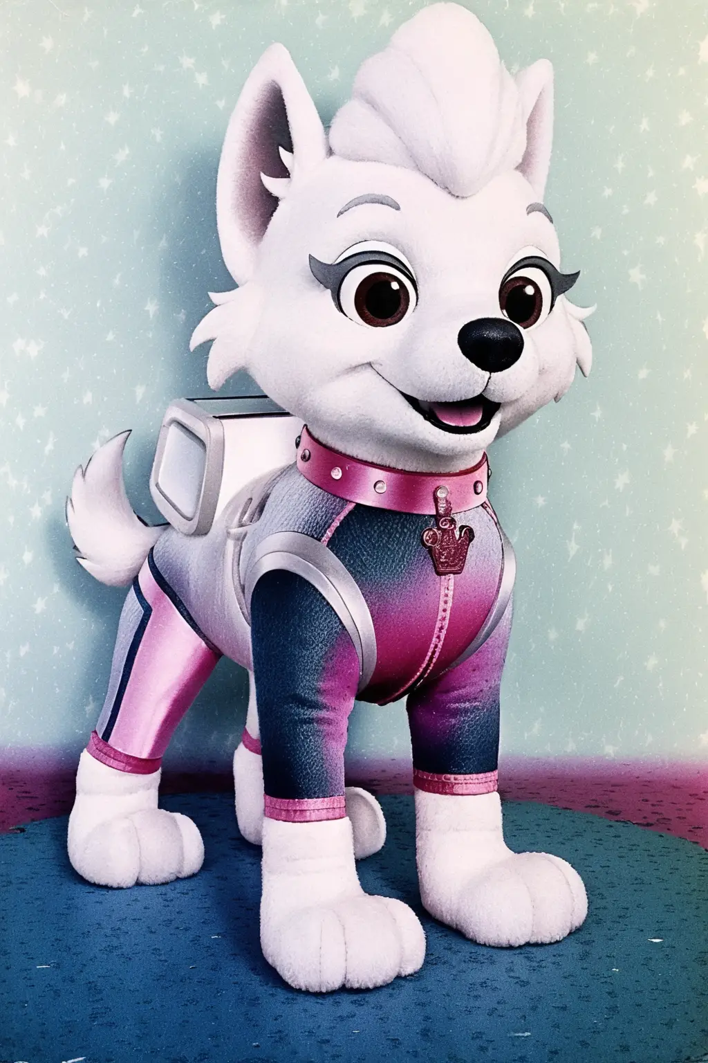 Dog mascot princess posing at a fantasy castle entrance