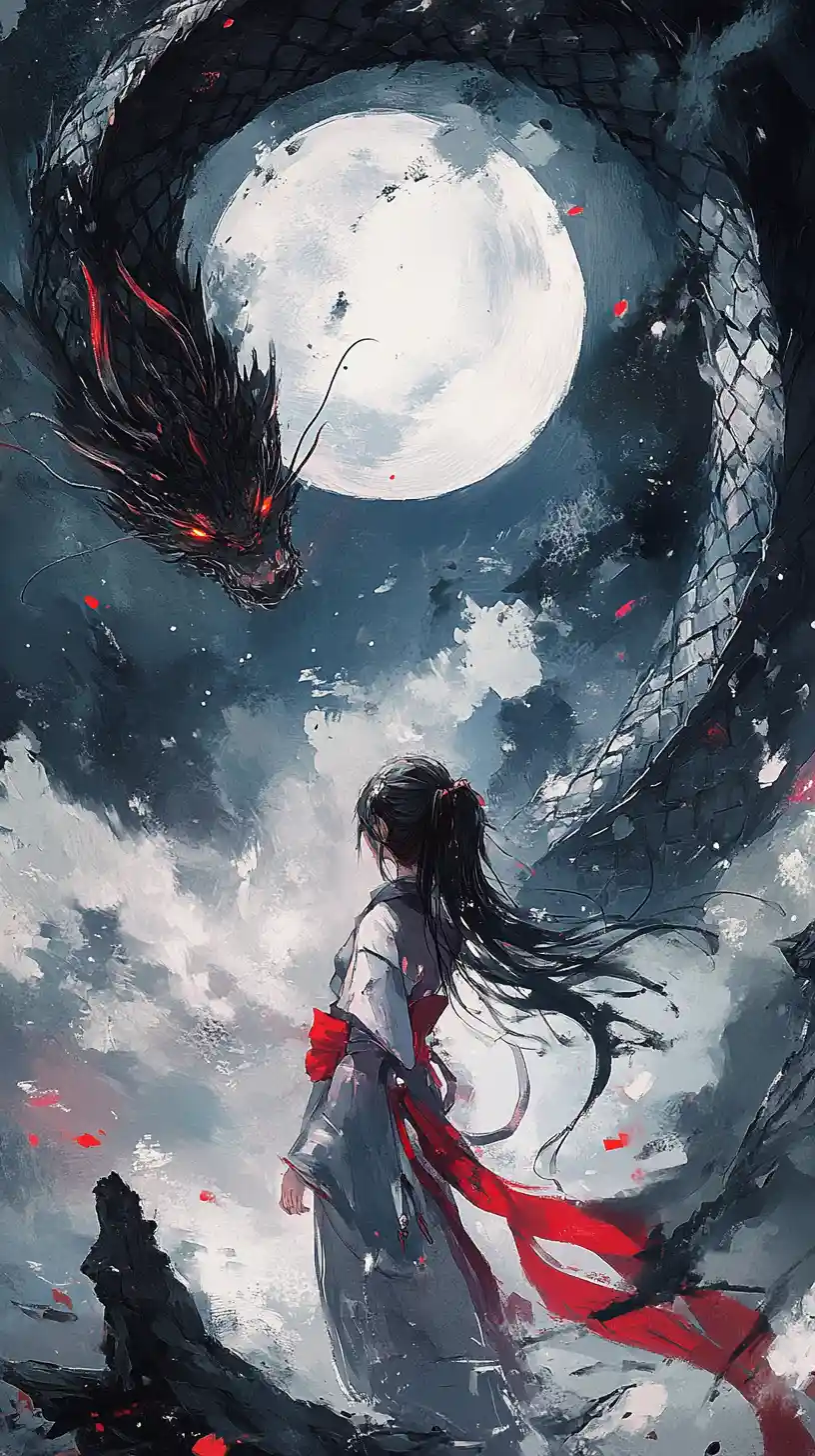 Asian dragon swirling through a cloudy moonlit night sky