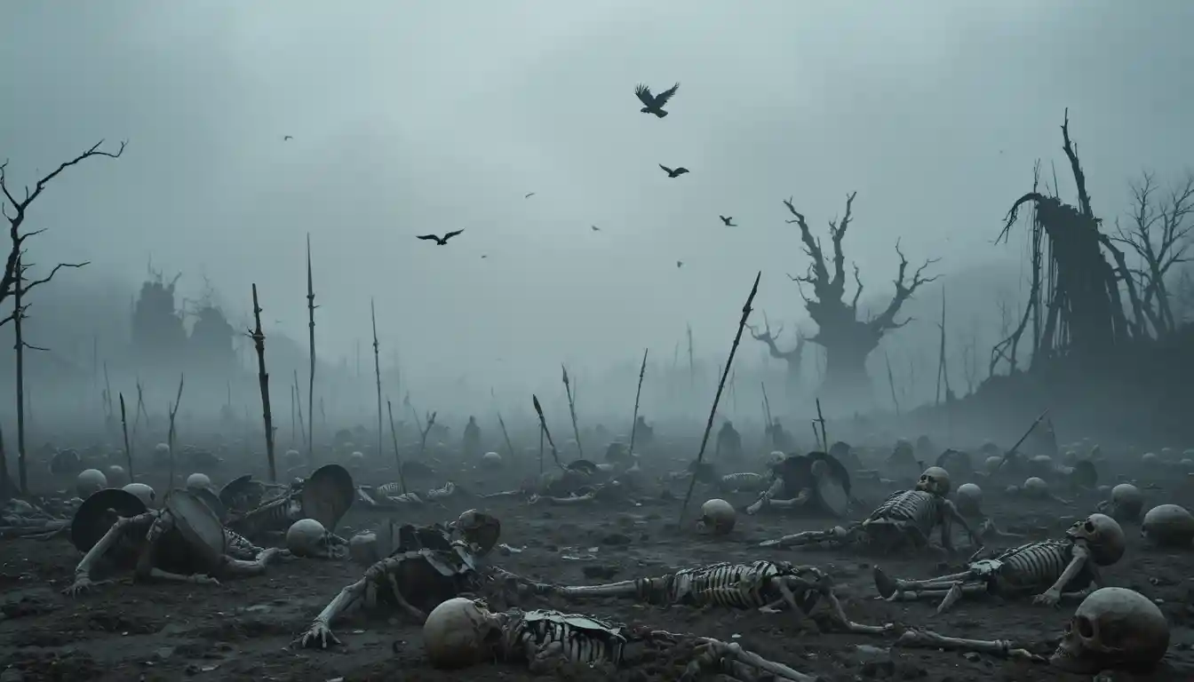 Foggy battlefield wasteland with rising undead warriors