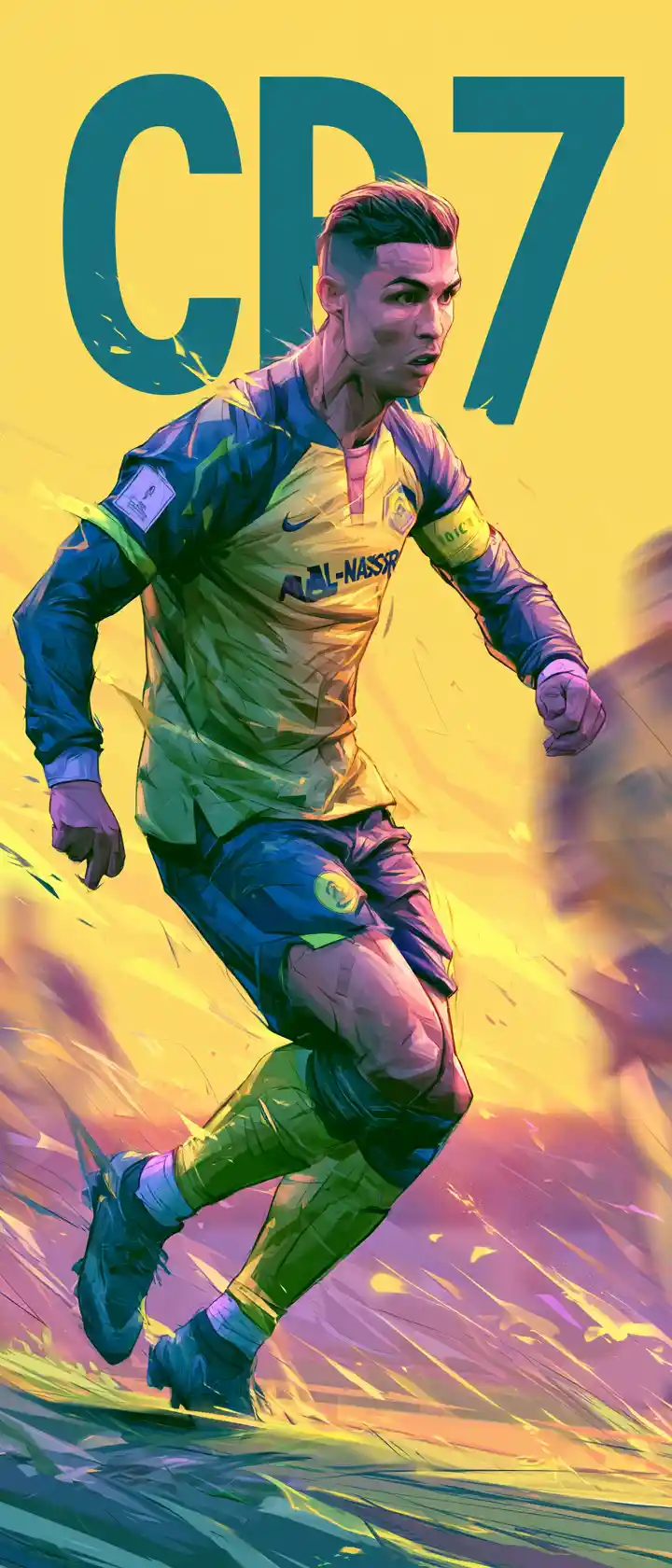 Anime soccer star in al nassr colors with bold cr7 text