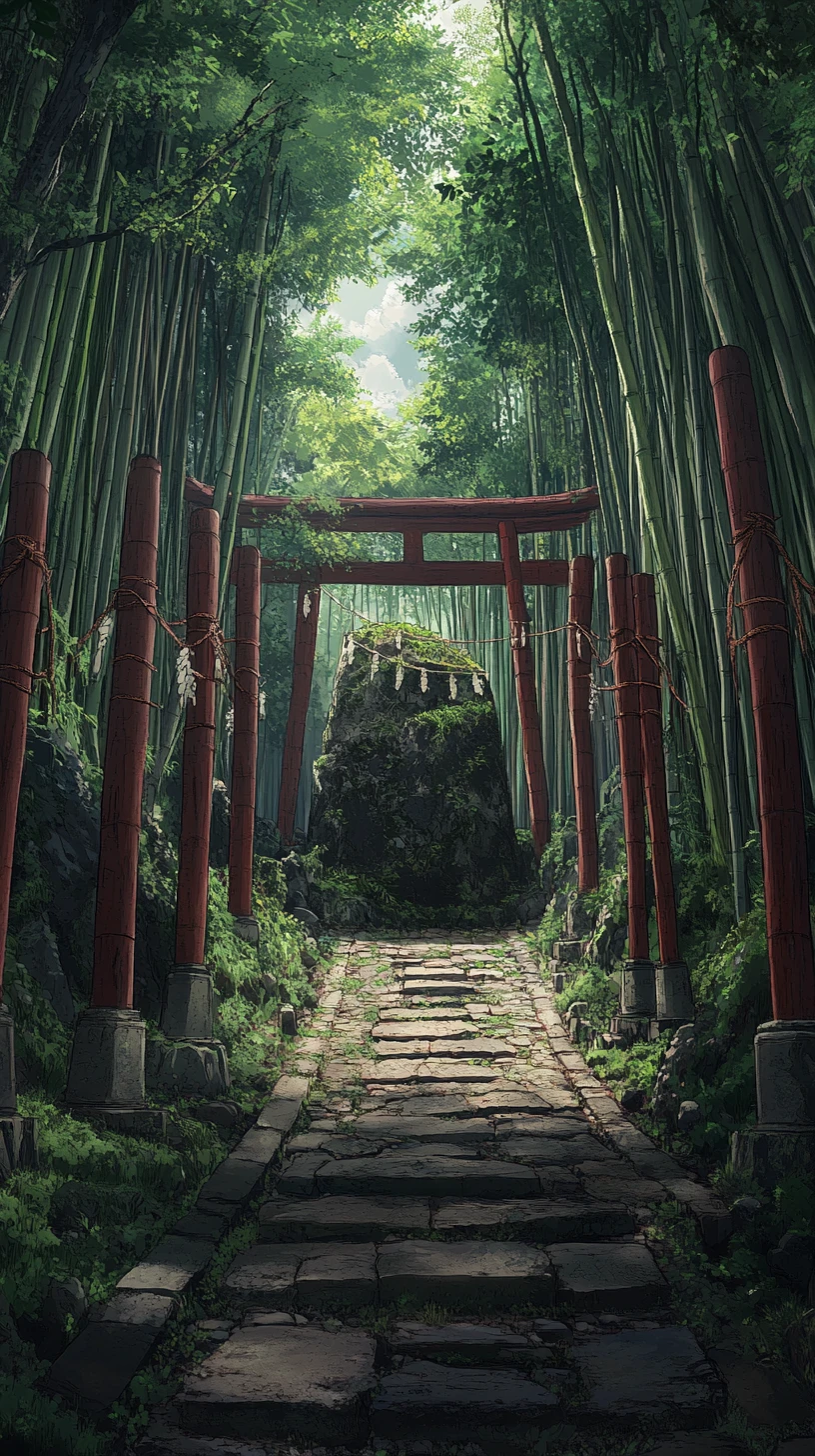 Stone path through bamboo forest to talisman covered ritual rock