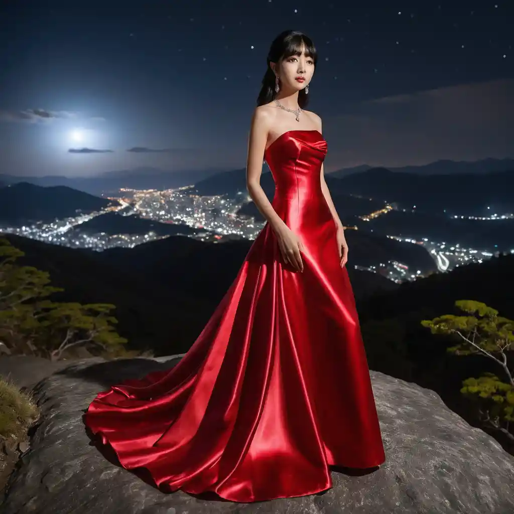 Elegant Japanese woman in red satin gown at night mountains