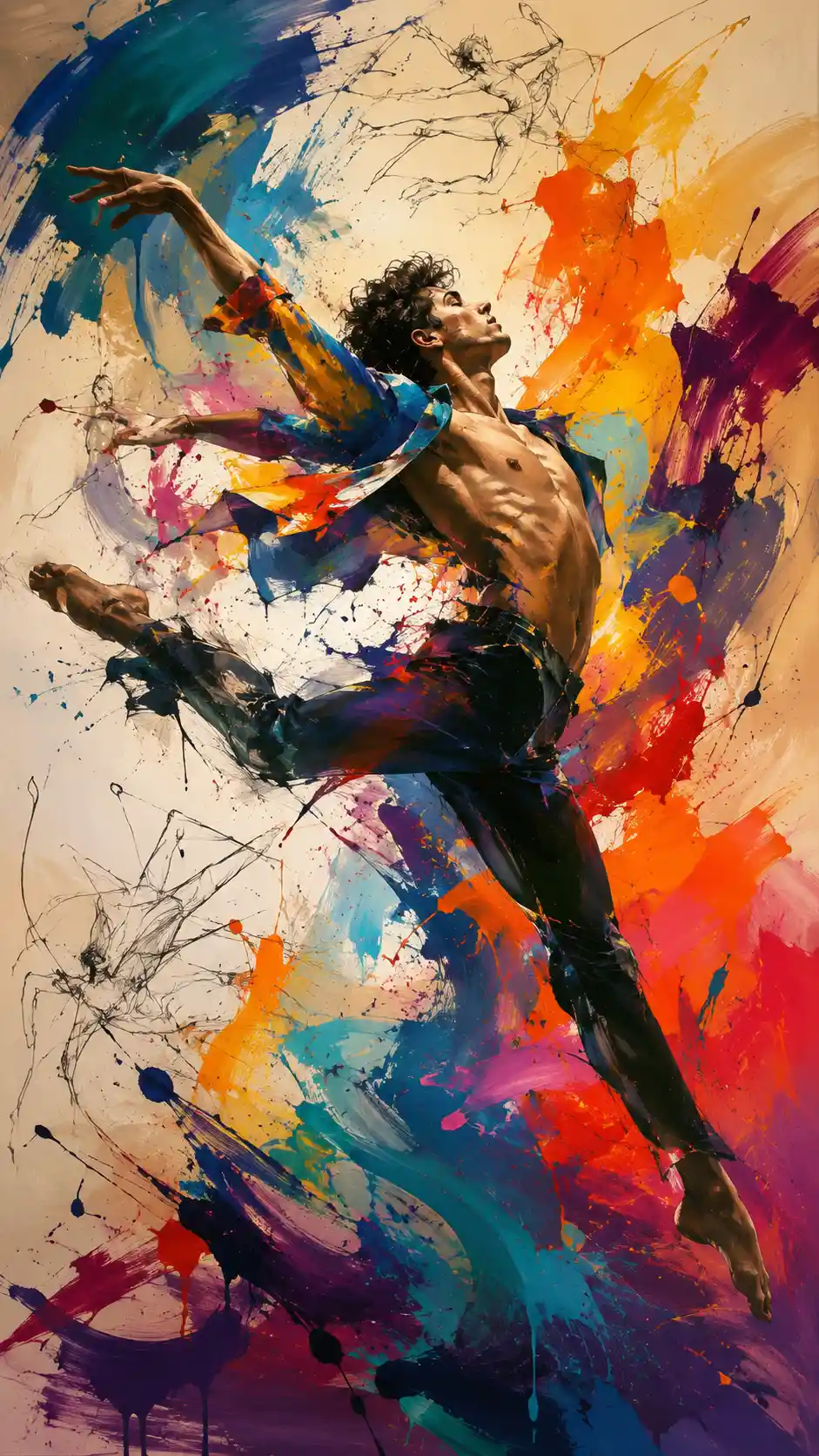 Male dancer leaping against swirling abstract color background