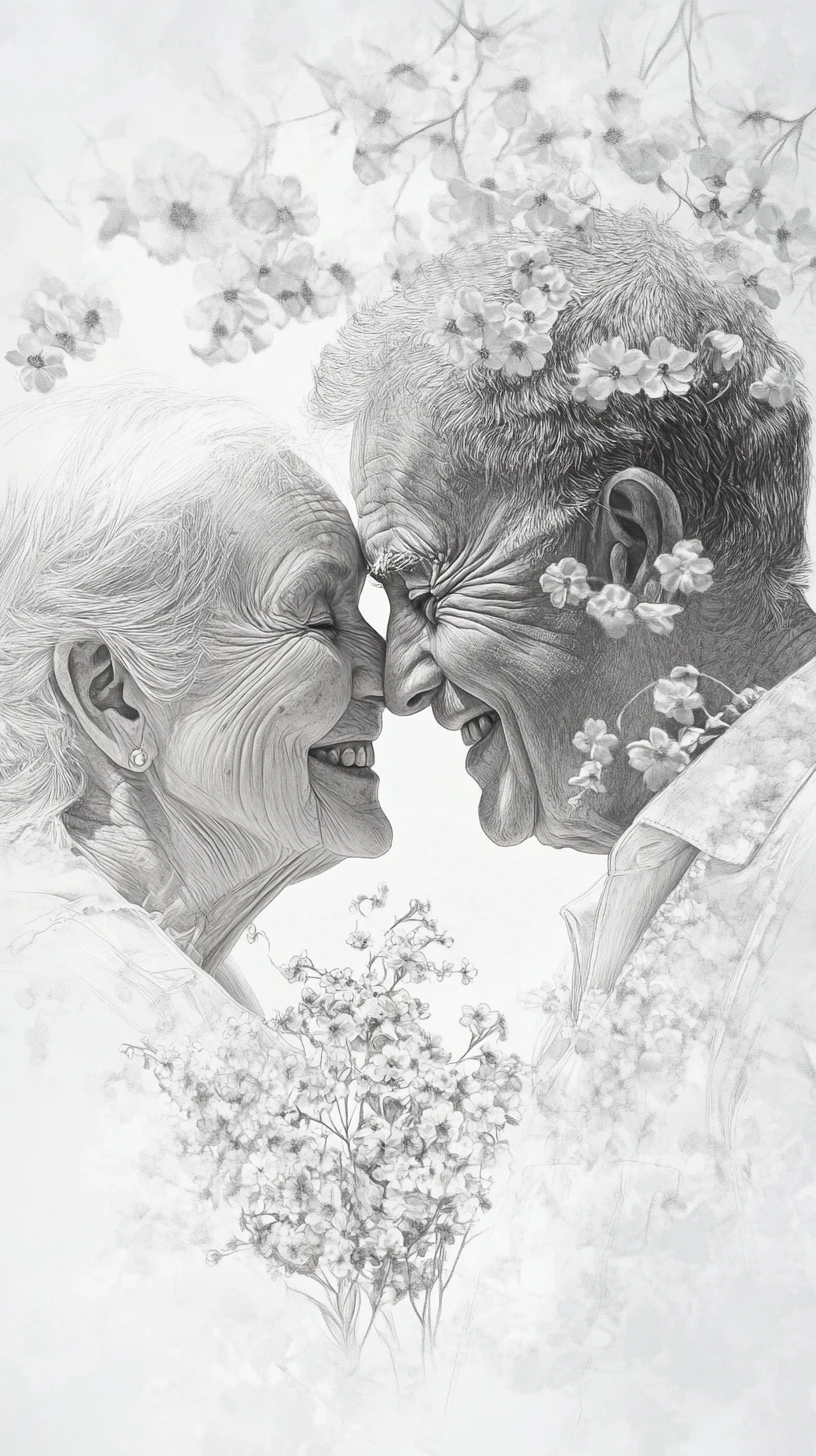 Smiling Elderly Couple On Their Golden Anniversary Sketch