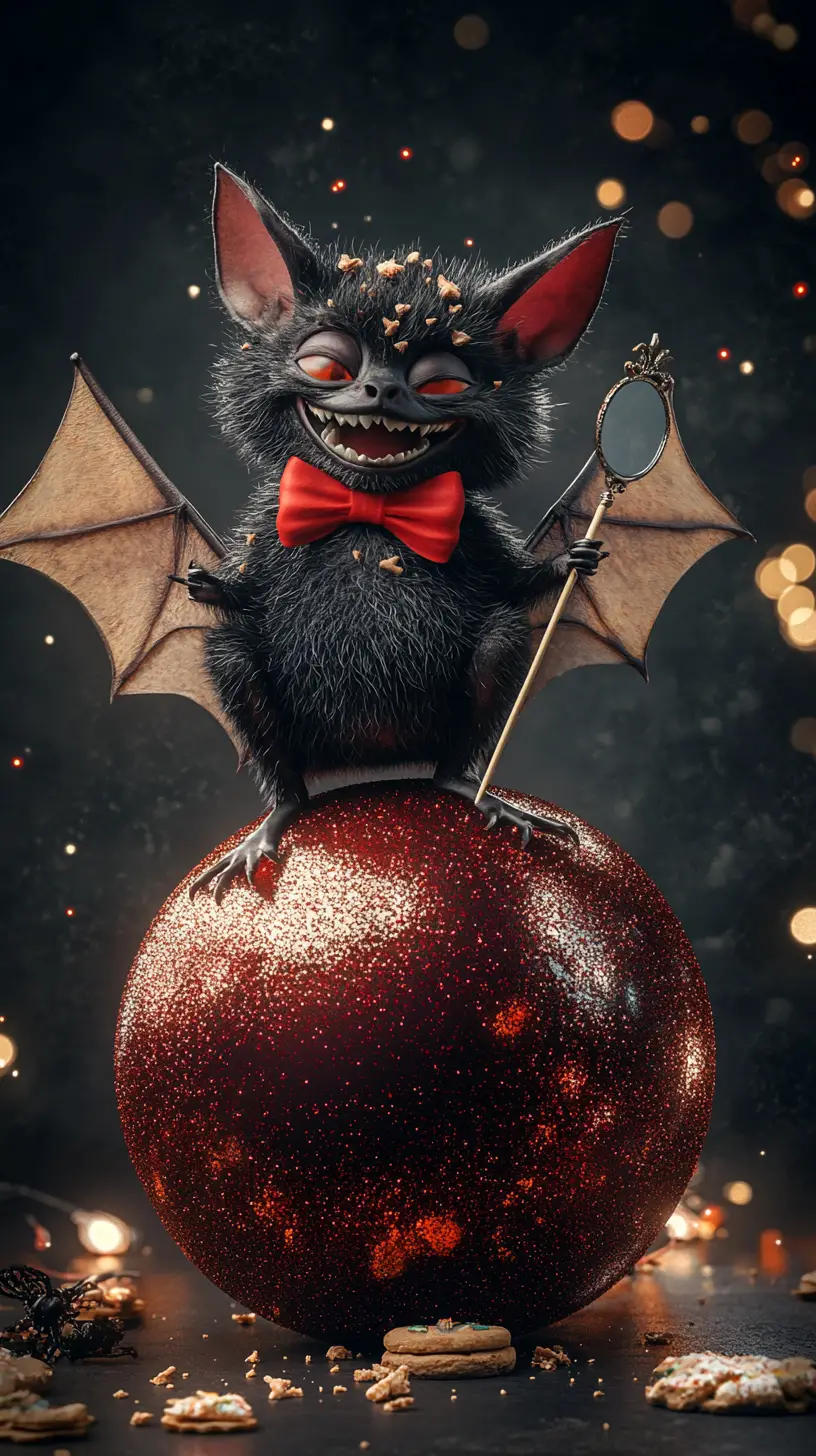 Cute fluffy bat balancing on a sparkling red ball