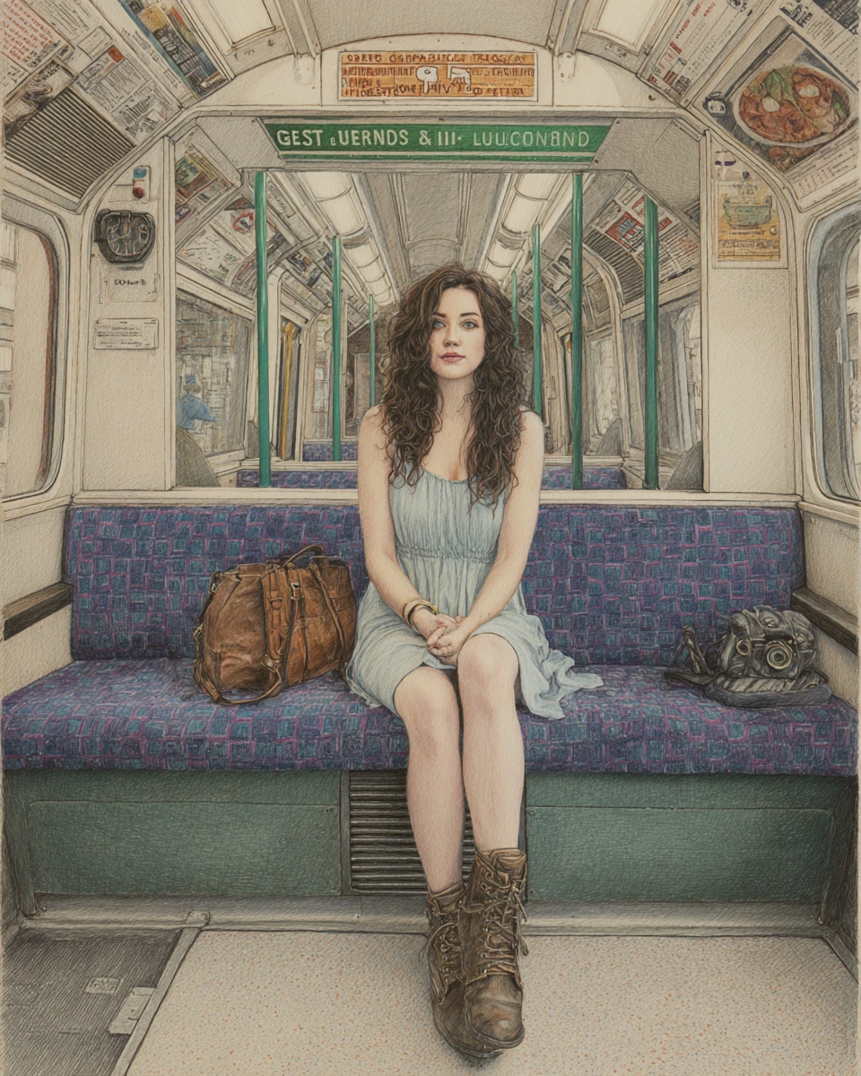 Young woman on London Underground seat in pencil drawing