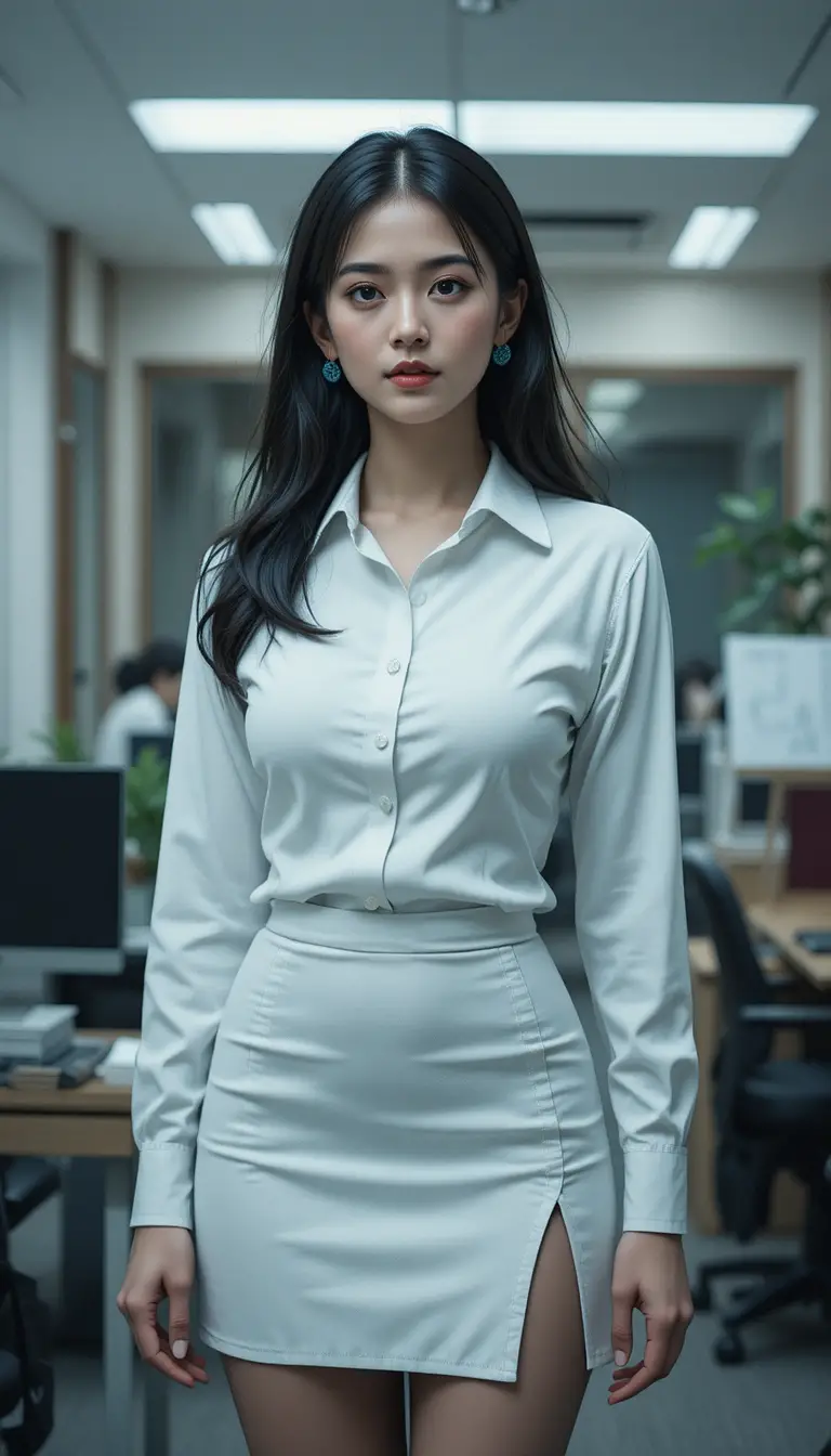 Elegant woman in modern office with open shirt
