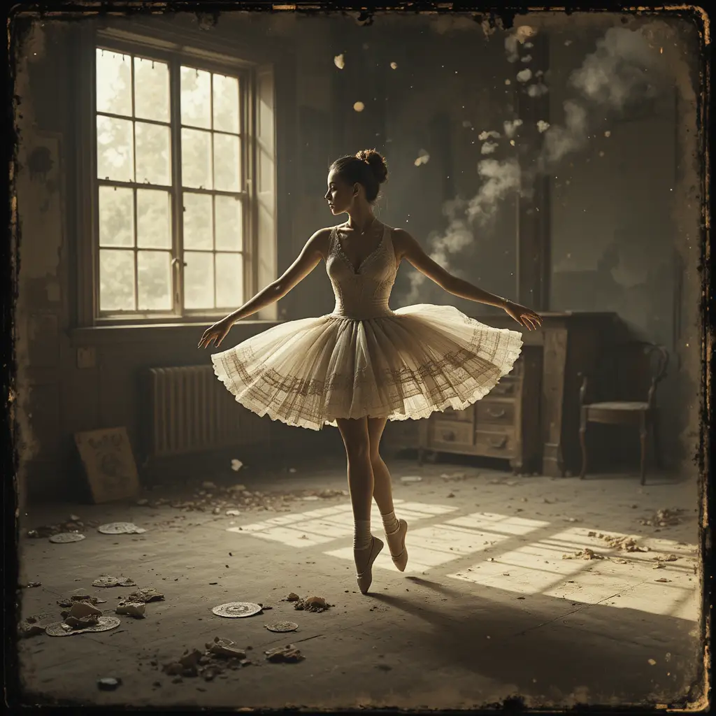 Vintage ballerina spinning in sunlight in an attic