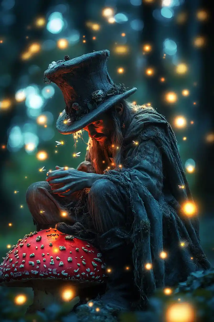 Forest spirit in top hat resting on a red mushroom