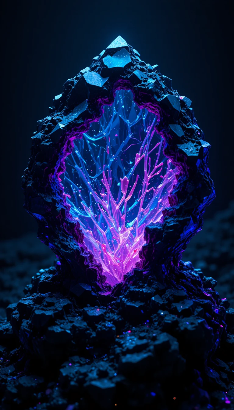 Neon crystal structure erupting from dark abstract void