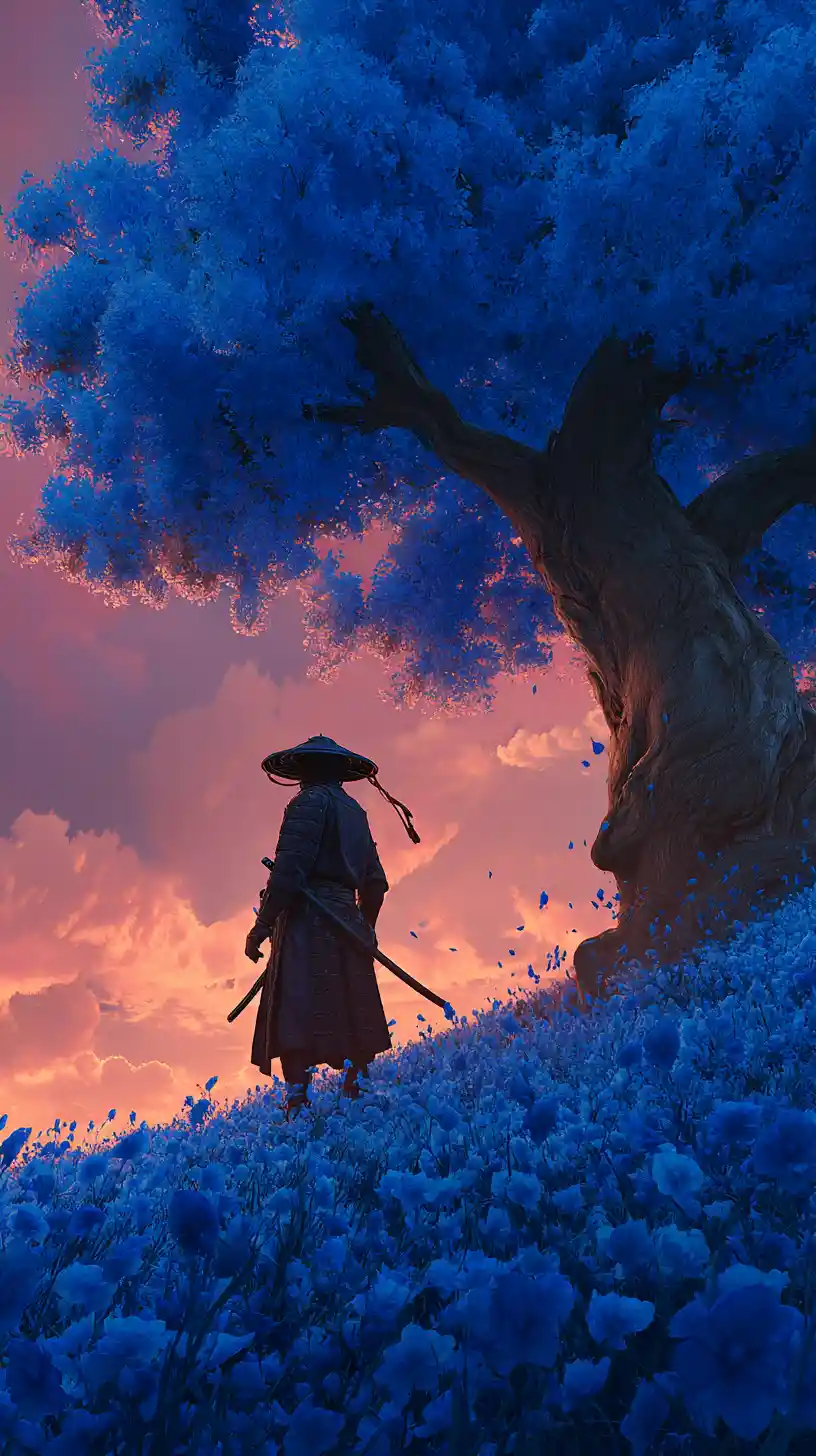 Mysterious samurai warrior in blue flower field at sunset