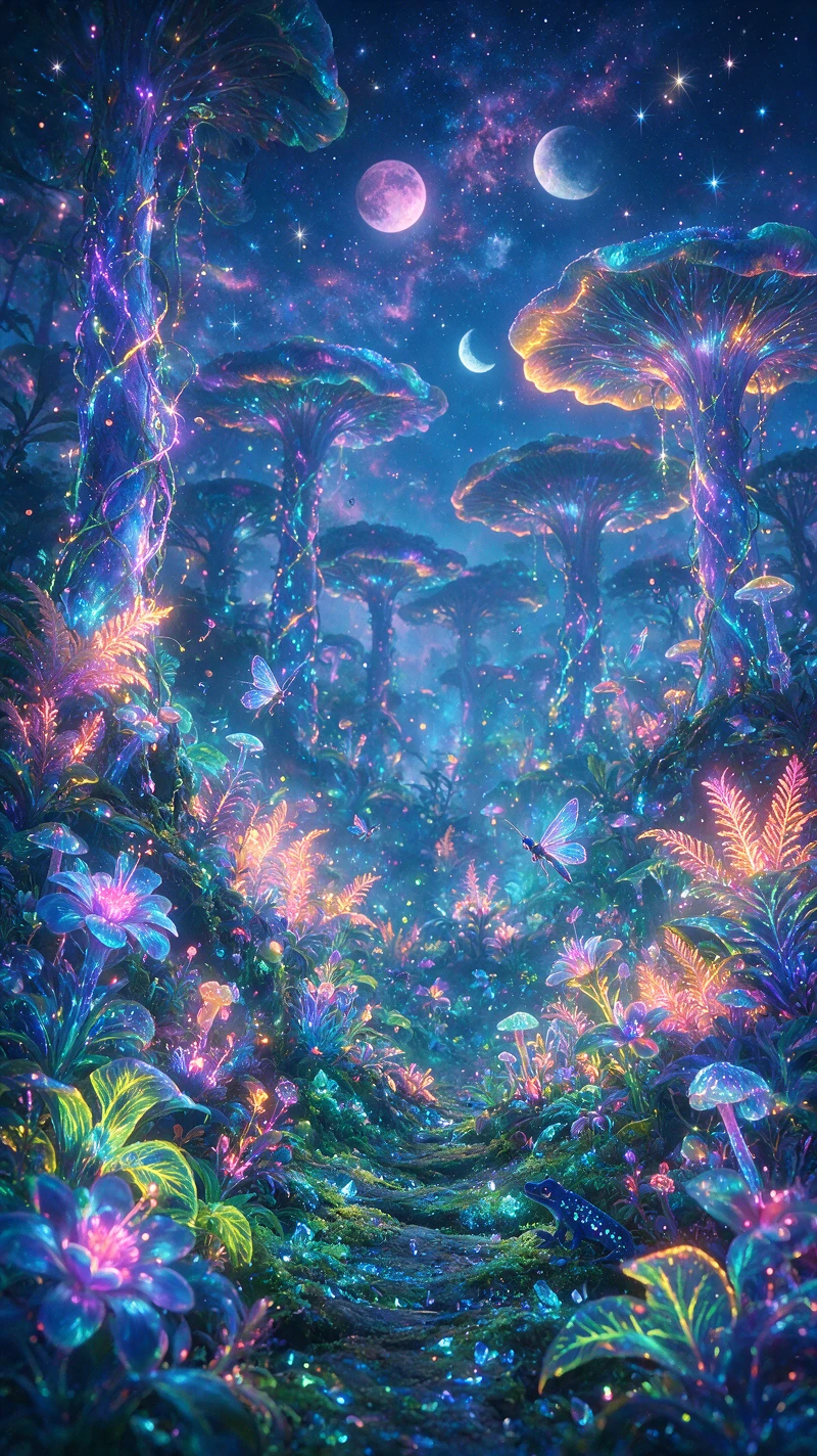 Jungla Alienígena Surreal con Plantas y Criaturas Brillantes