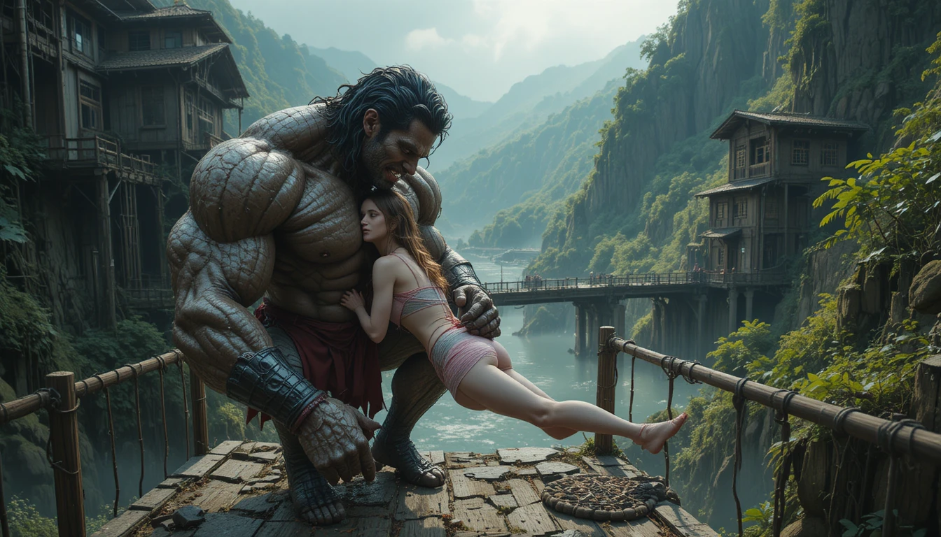 Man lifting exhausted woman onto an interior bridge