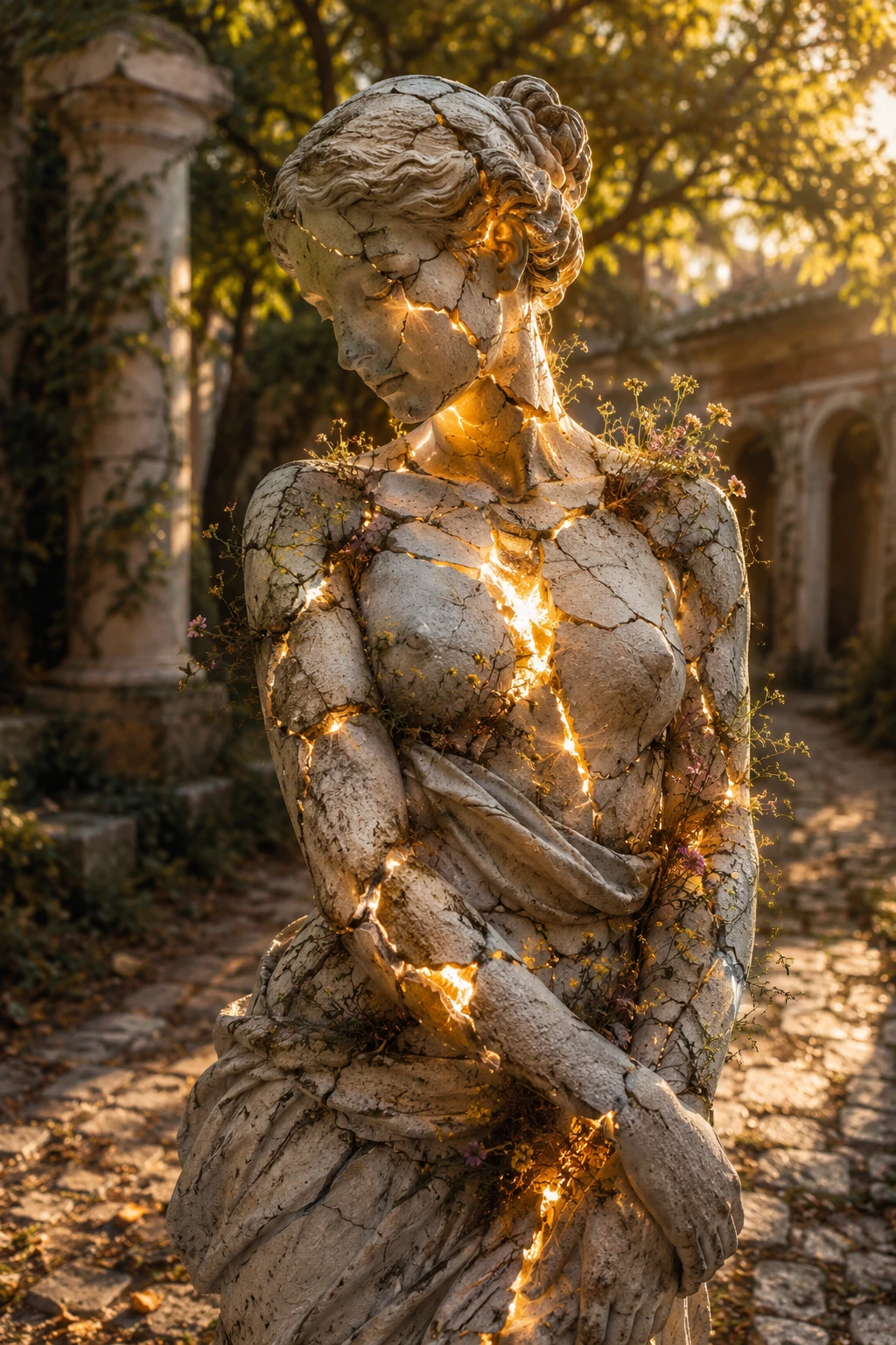 Estatua de mármol agrietada y luminosa en un jardín cubierto de maleza