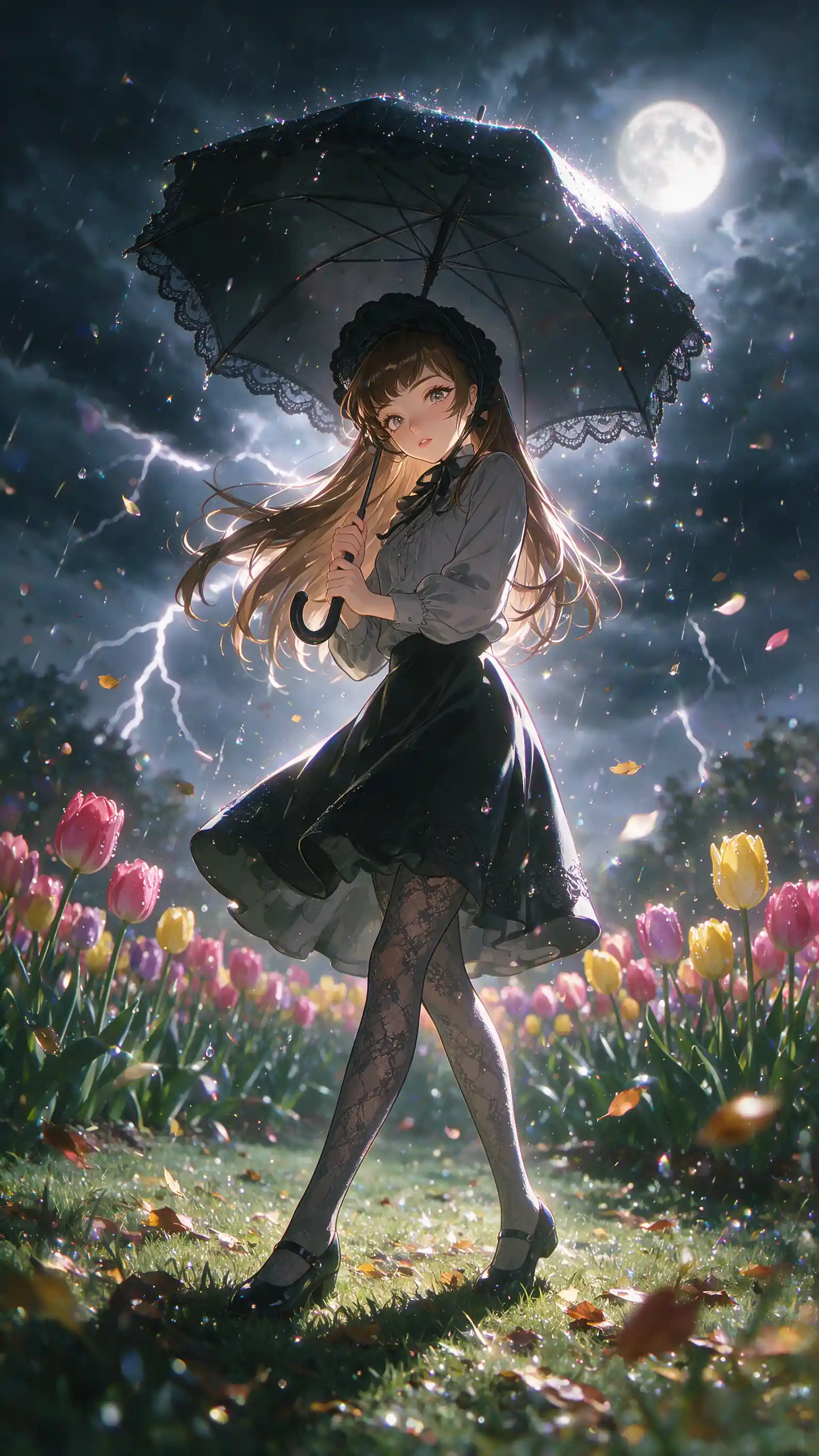 Ragazza anime con ombrello in un giardino di tulipani sotto la pioggia di notte
