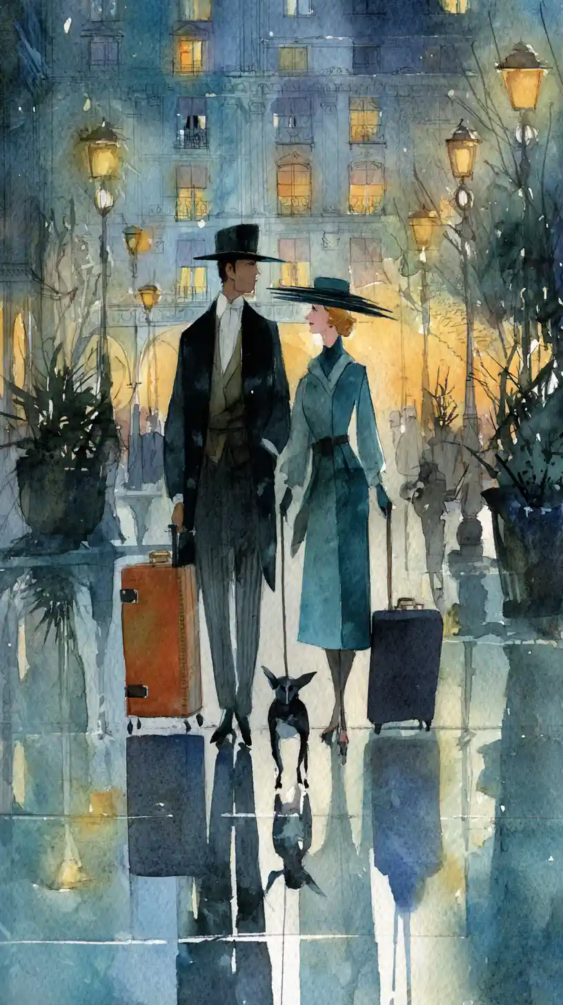 Elegant couple with dog walking Paris streets at night