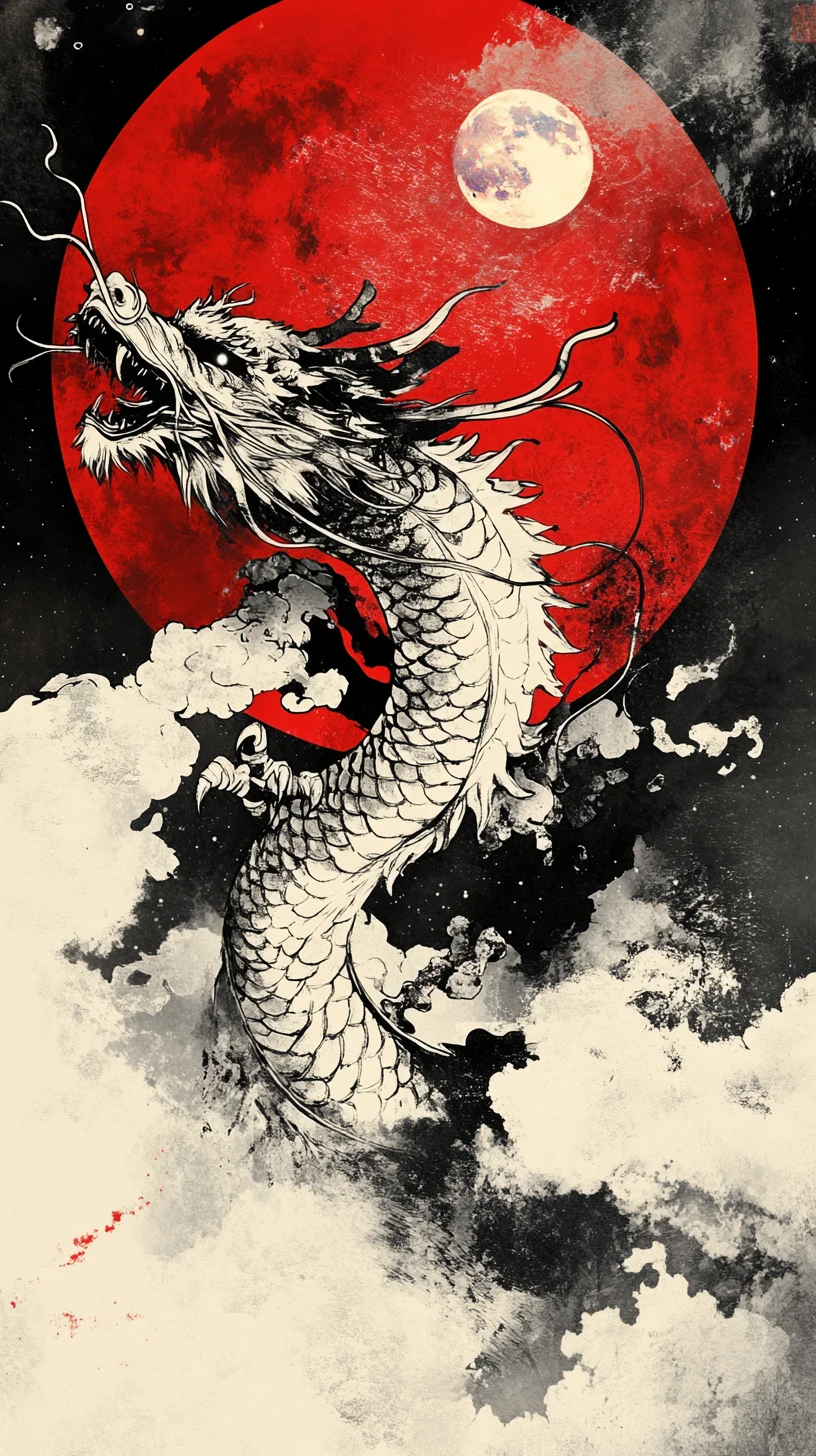 Dragón de anime enroscándose en un cielo nocturno nublado
