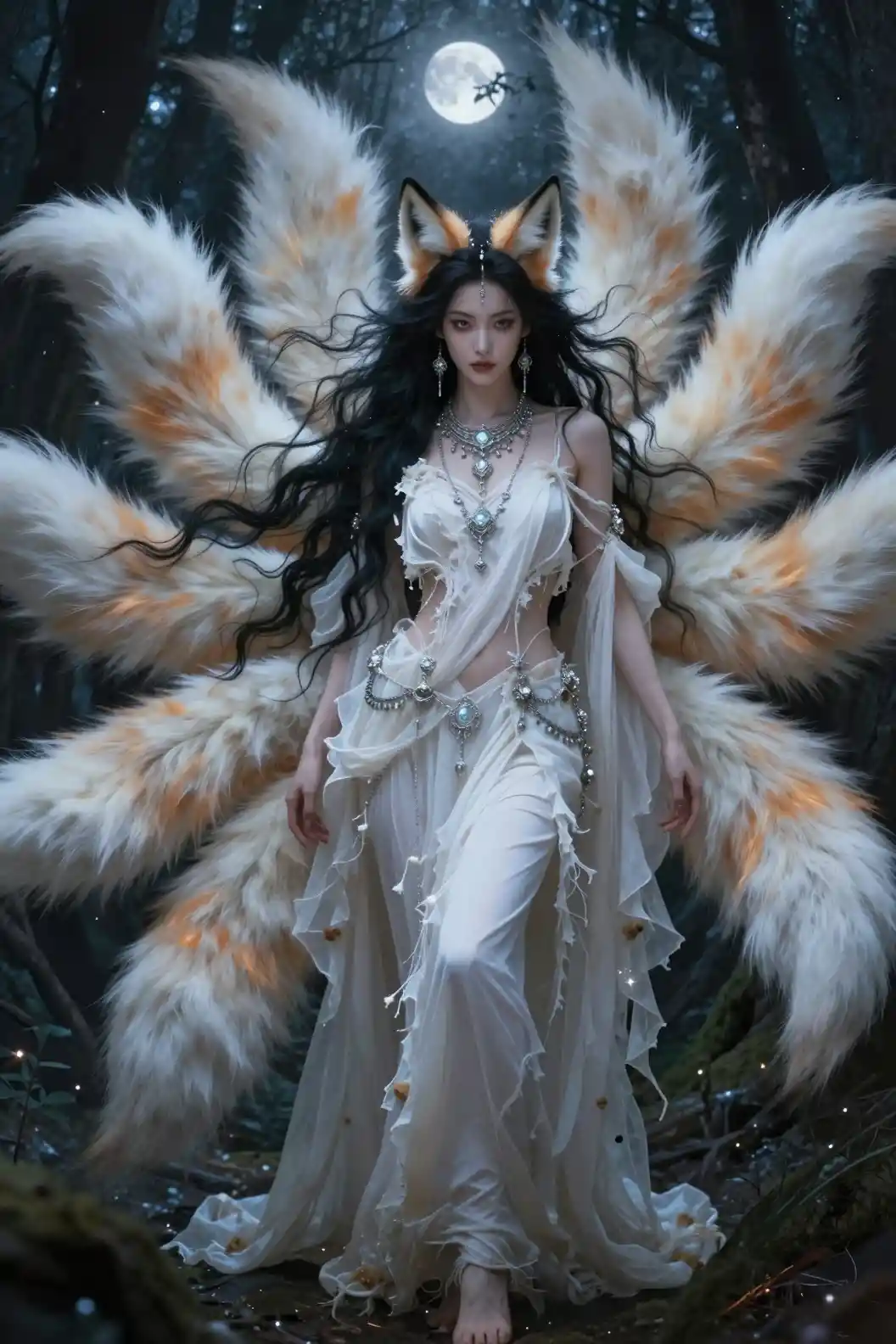 Mythical nine tailed fox woman in a moonlit dark forest