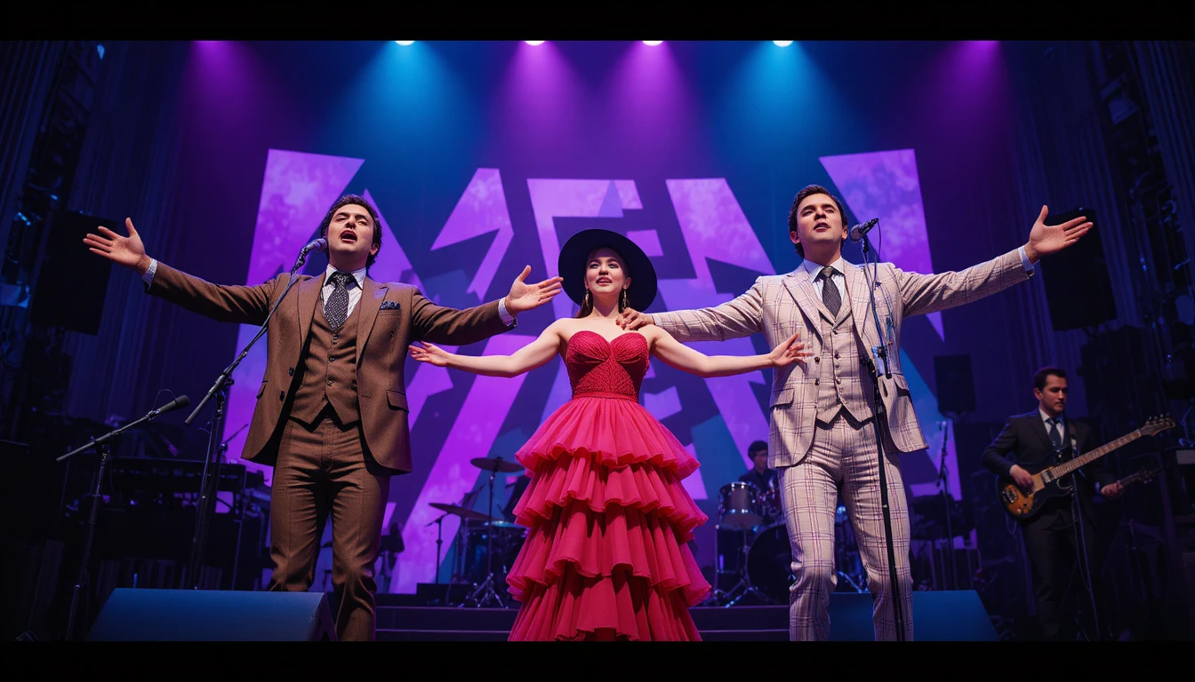 Retro trio singing on stage with colorful abstract backdrop