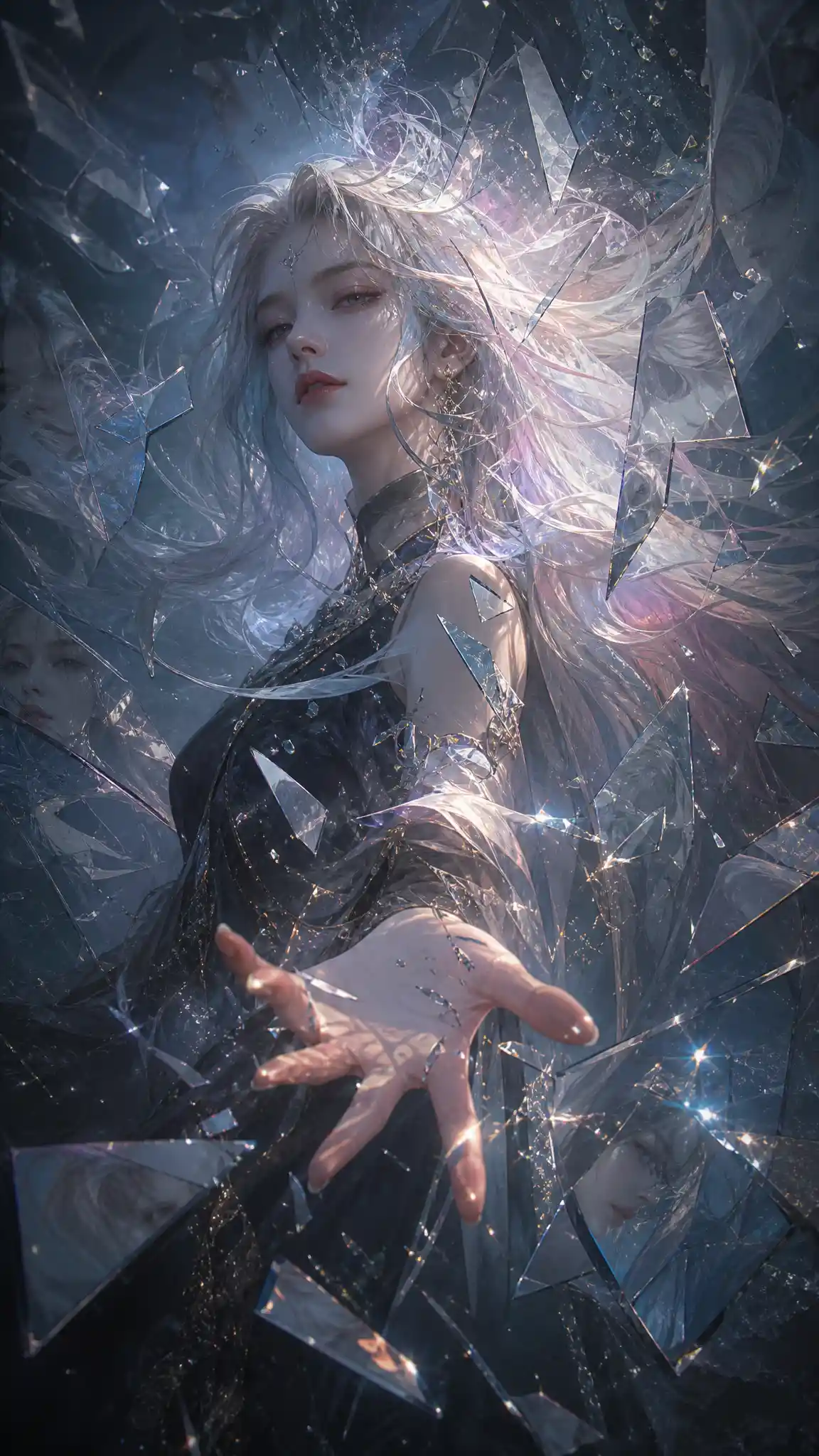 Ethereal Woman Amid Dancing Shattered Glass Shards