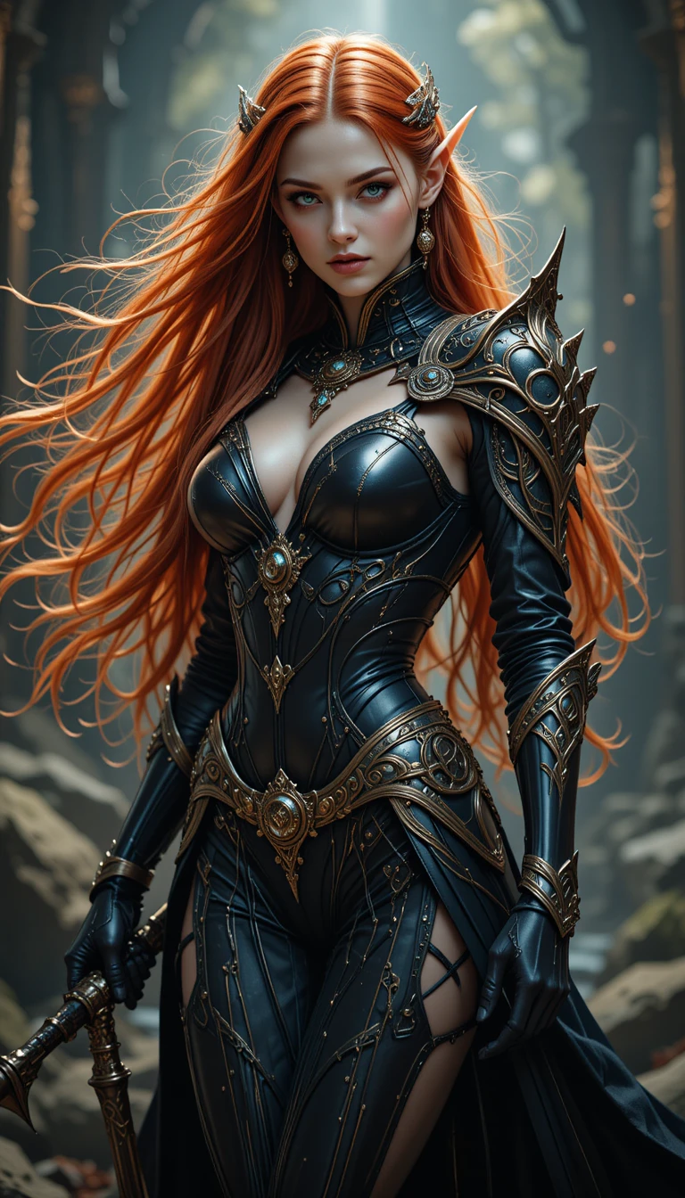 Elven sorceress in black and gold armor with red hair