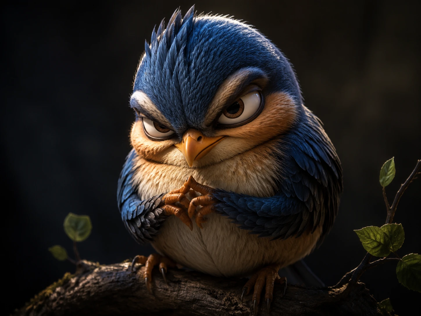 Mischievous songbird character with a smug, plotting stare