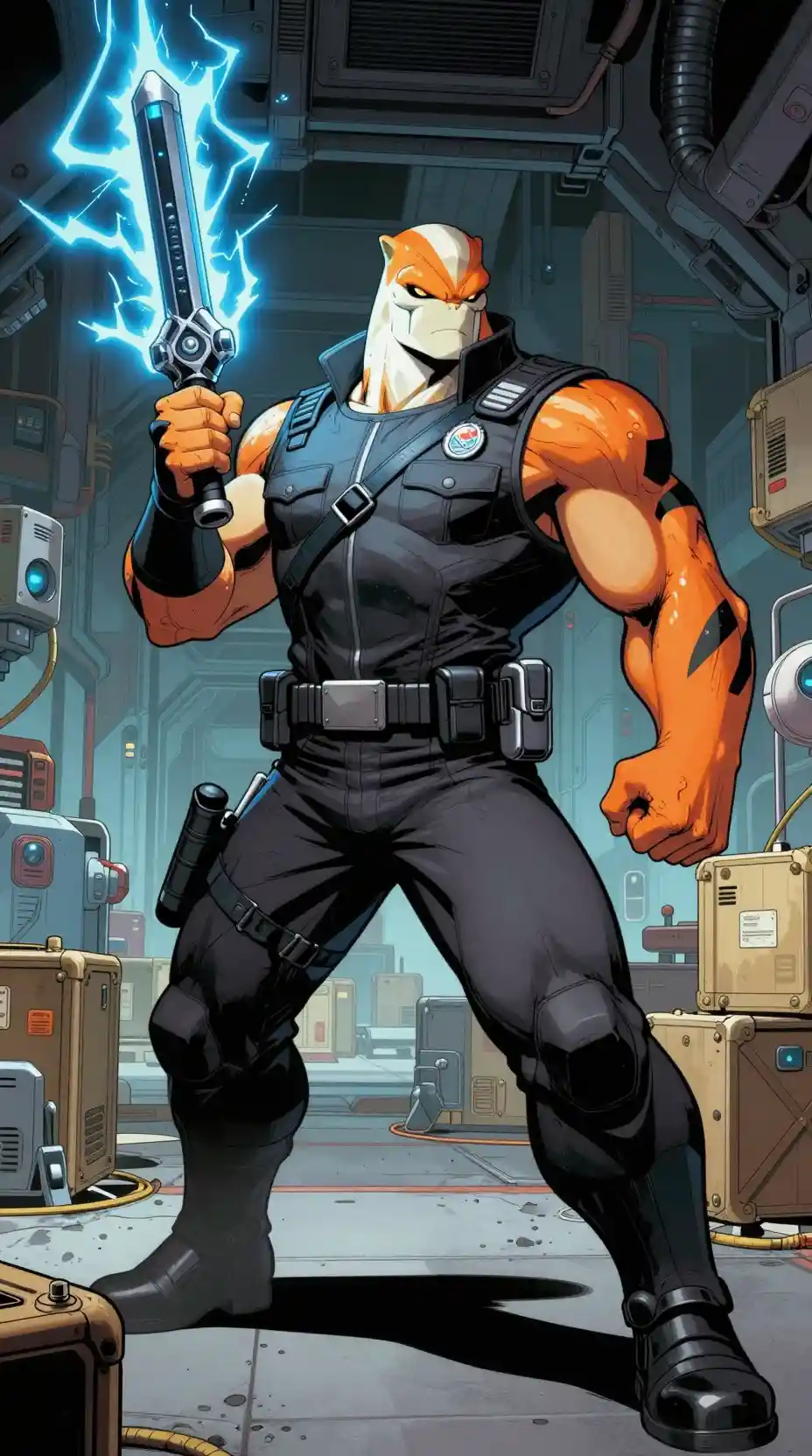 Alien security guard with energy baton in cargo bay