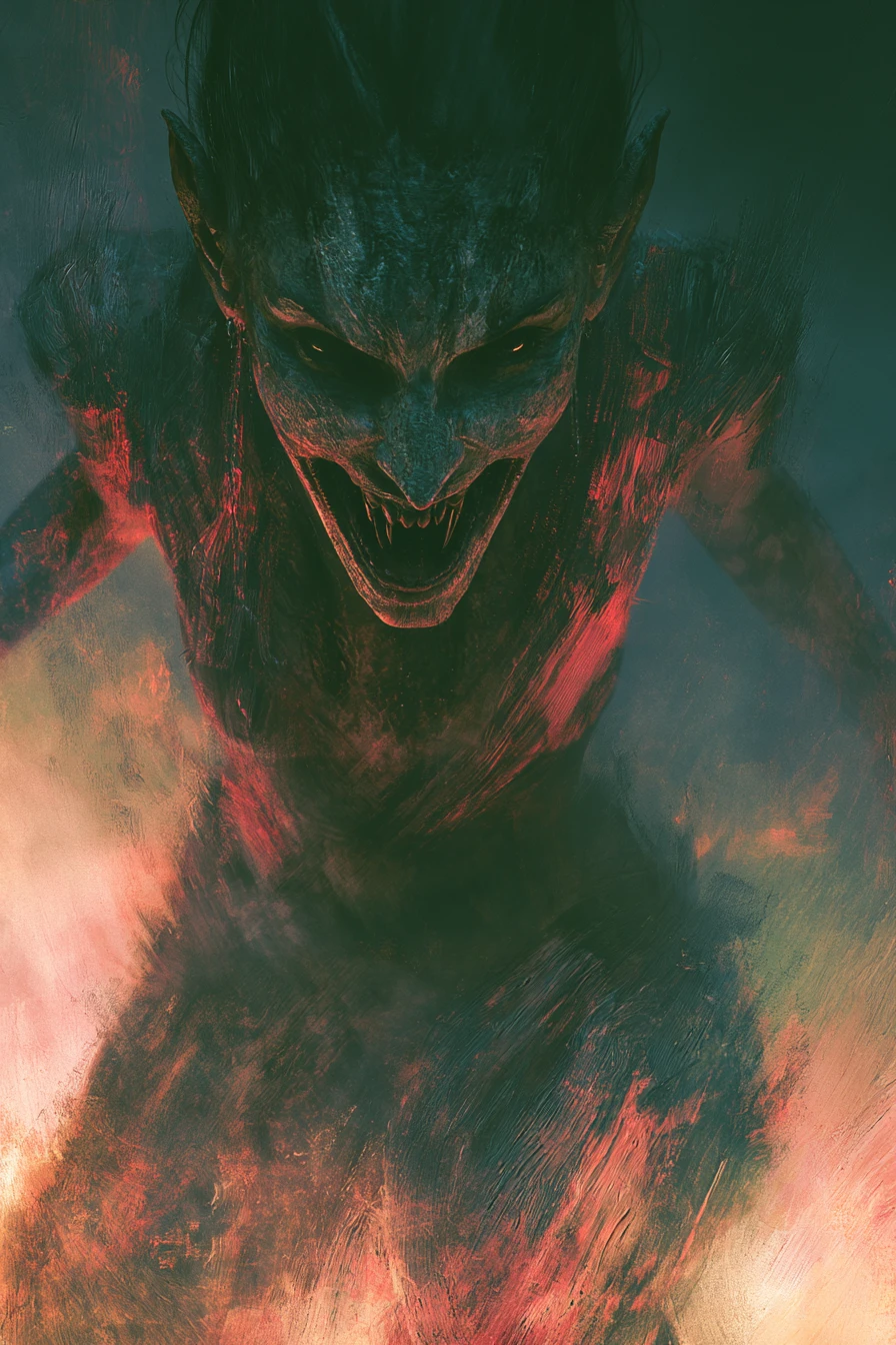 Surreal demon woman with fangs in dark horror painting