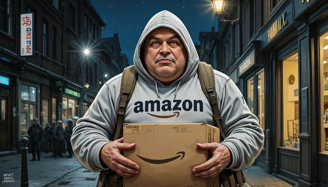 Hooded man holding a box at a city intercom at night