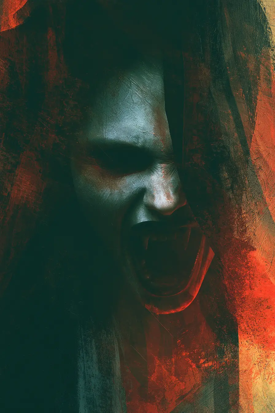 Demone femminile surreale con zanne in una cupa illuminazione horror